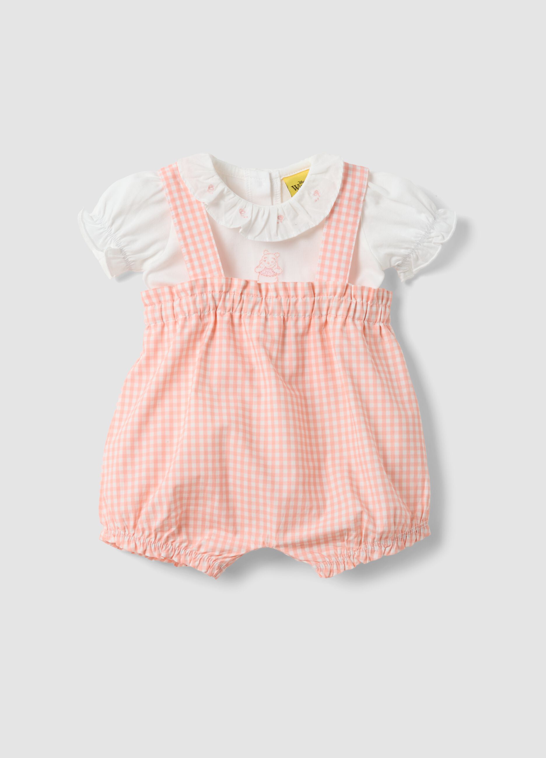 Pink and white organic cotton set with gingham romper