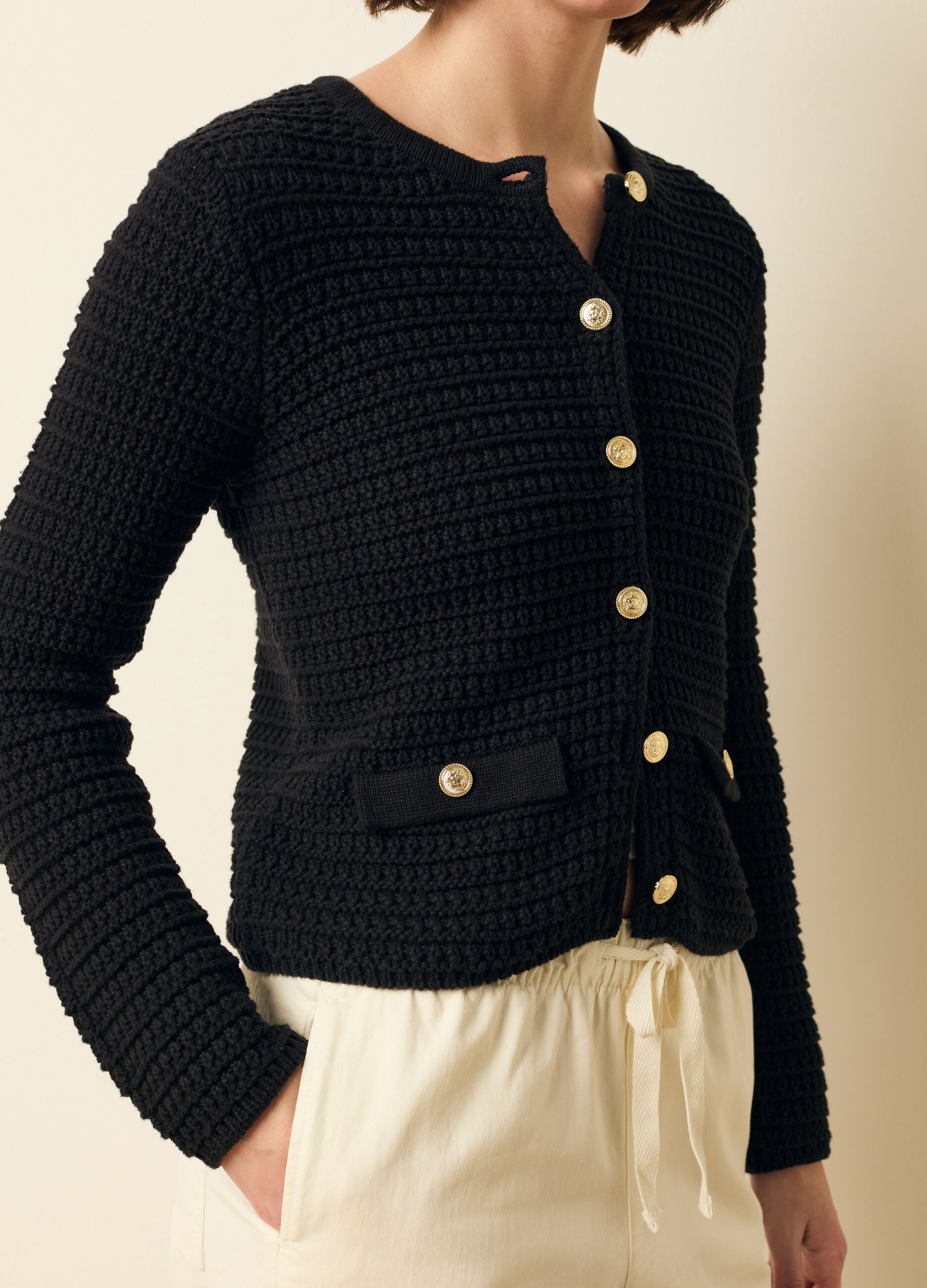 Knitted cardigan jacket with gold buttons