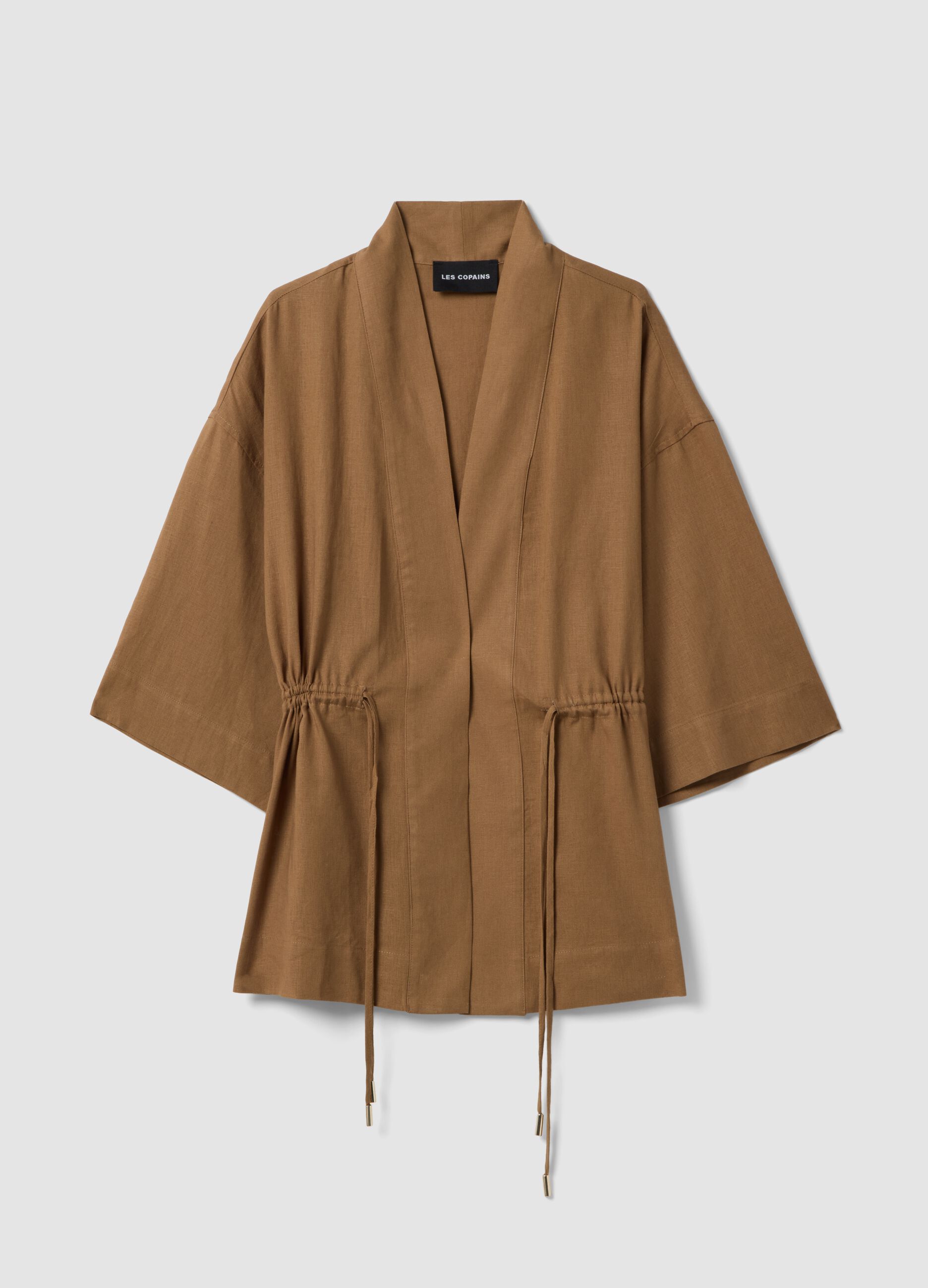 Brown linen blend regular fit blazer with ties