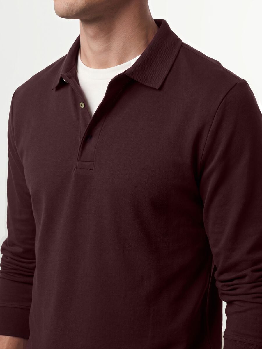 Polo marrone in cotone elasticizzato a maniche lunghe regular fit_1
