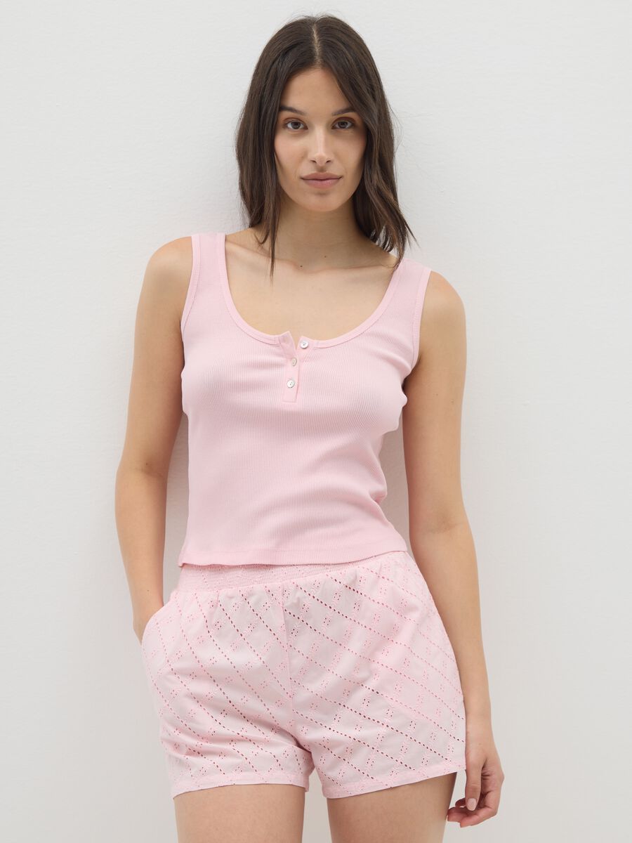 Completo pigiama canotta e shorts da donna in puro cotone rosa_1