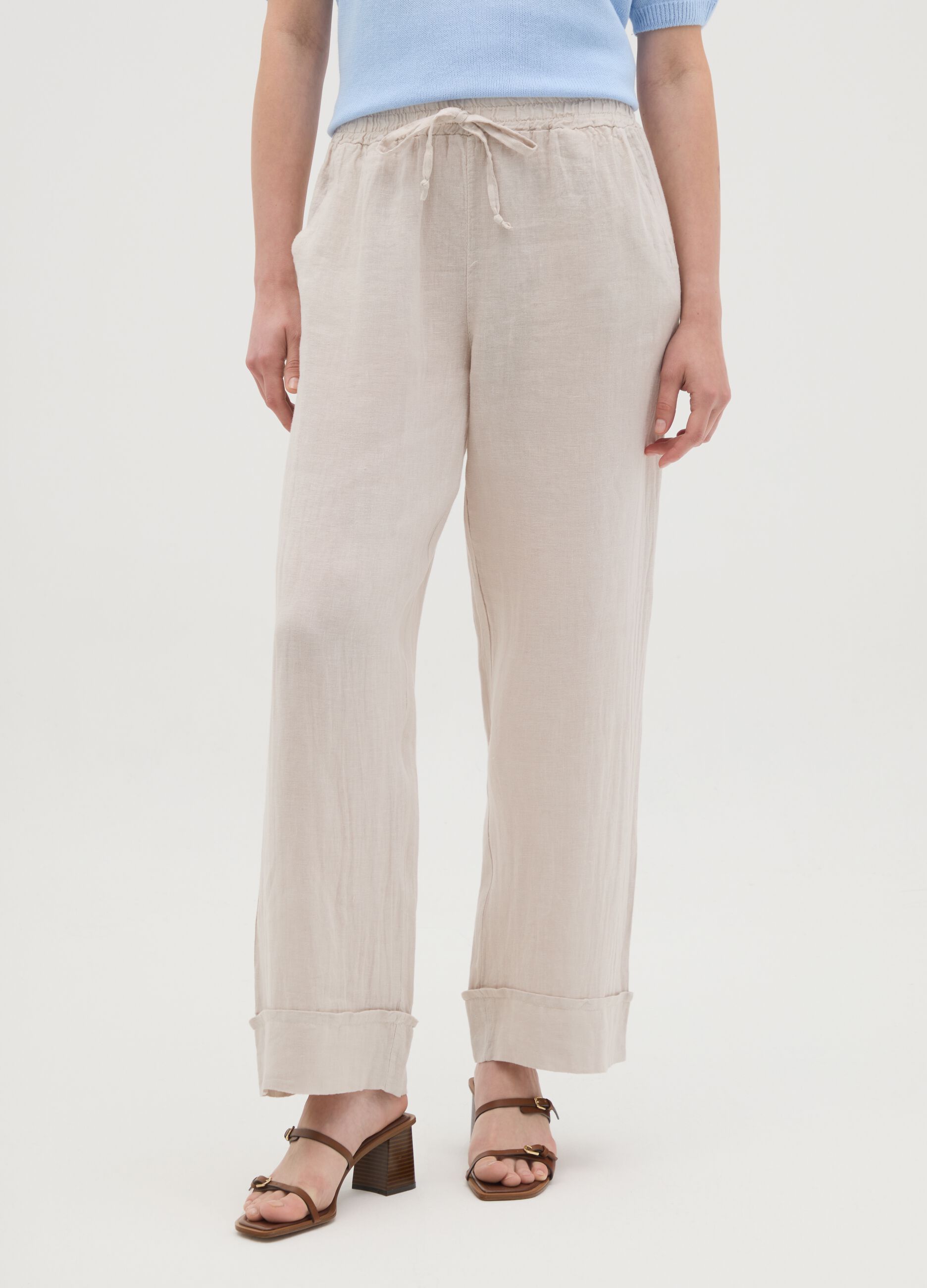 Women's beige pure linen trousers with regular fit