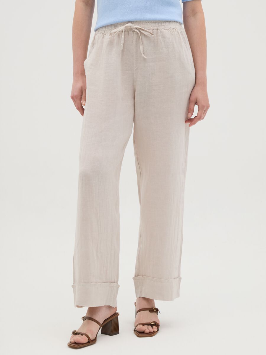 Women's beige pure linen trousers with regular fit_1