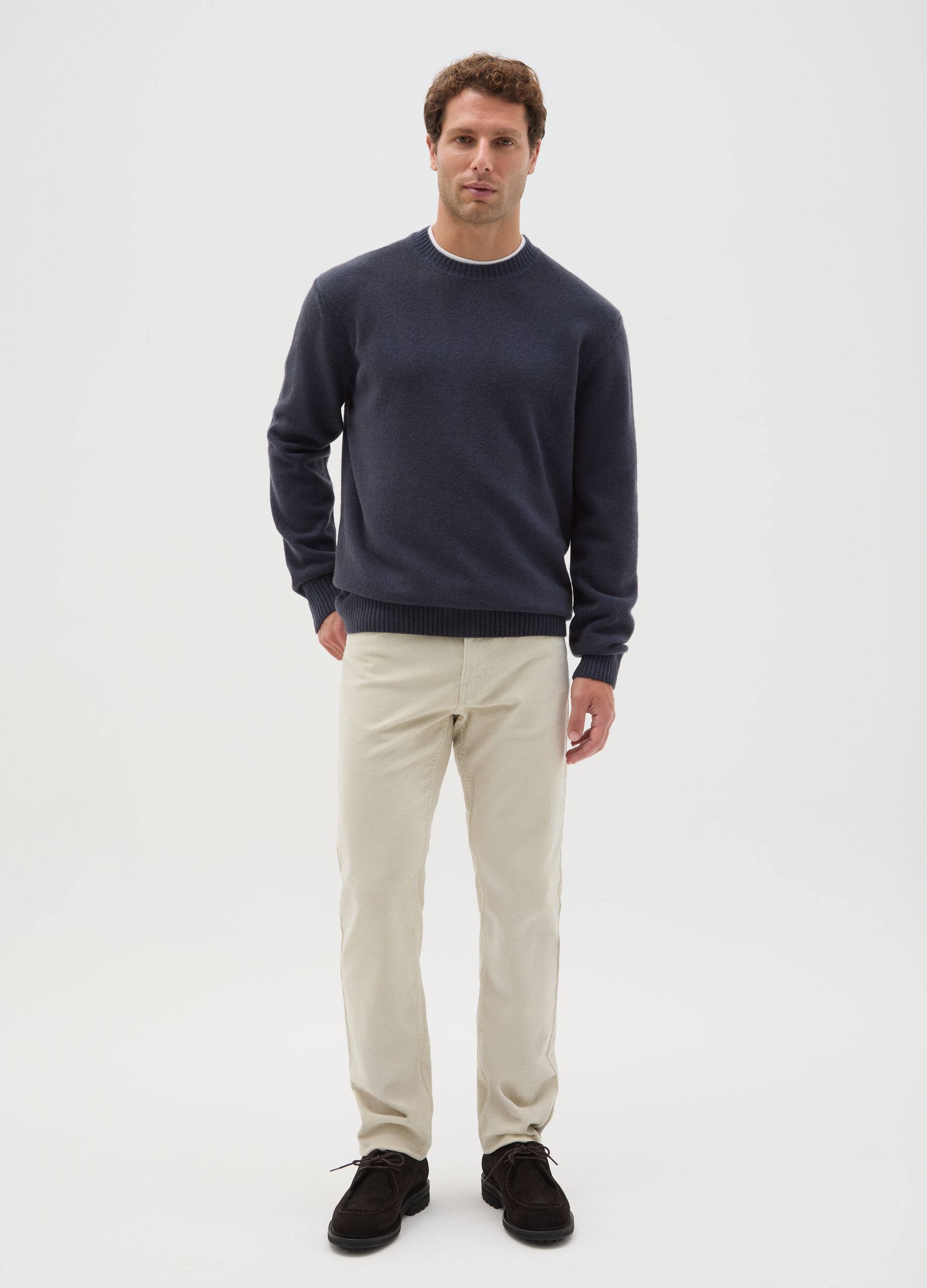 Blue crew neck sweater in regular fit wool blend