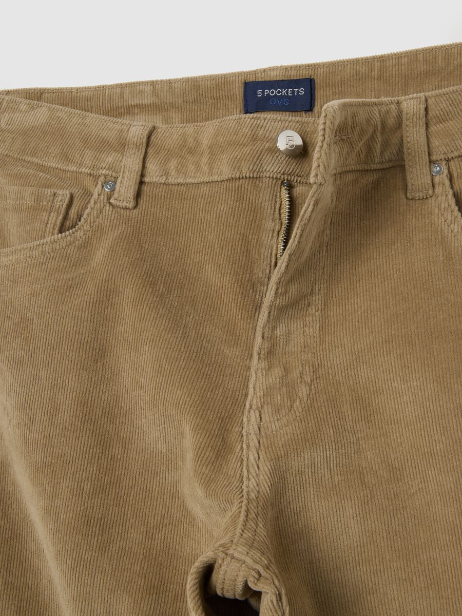 Beige stretch cotton ribbed slim fit trousers_1