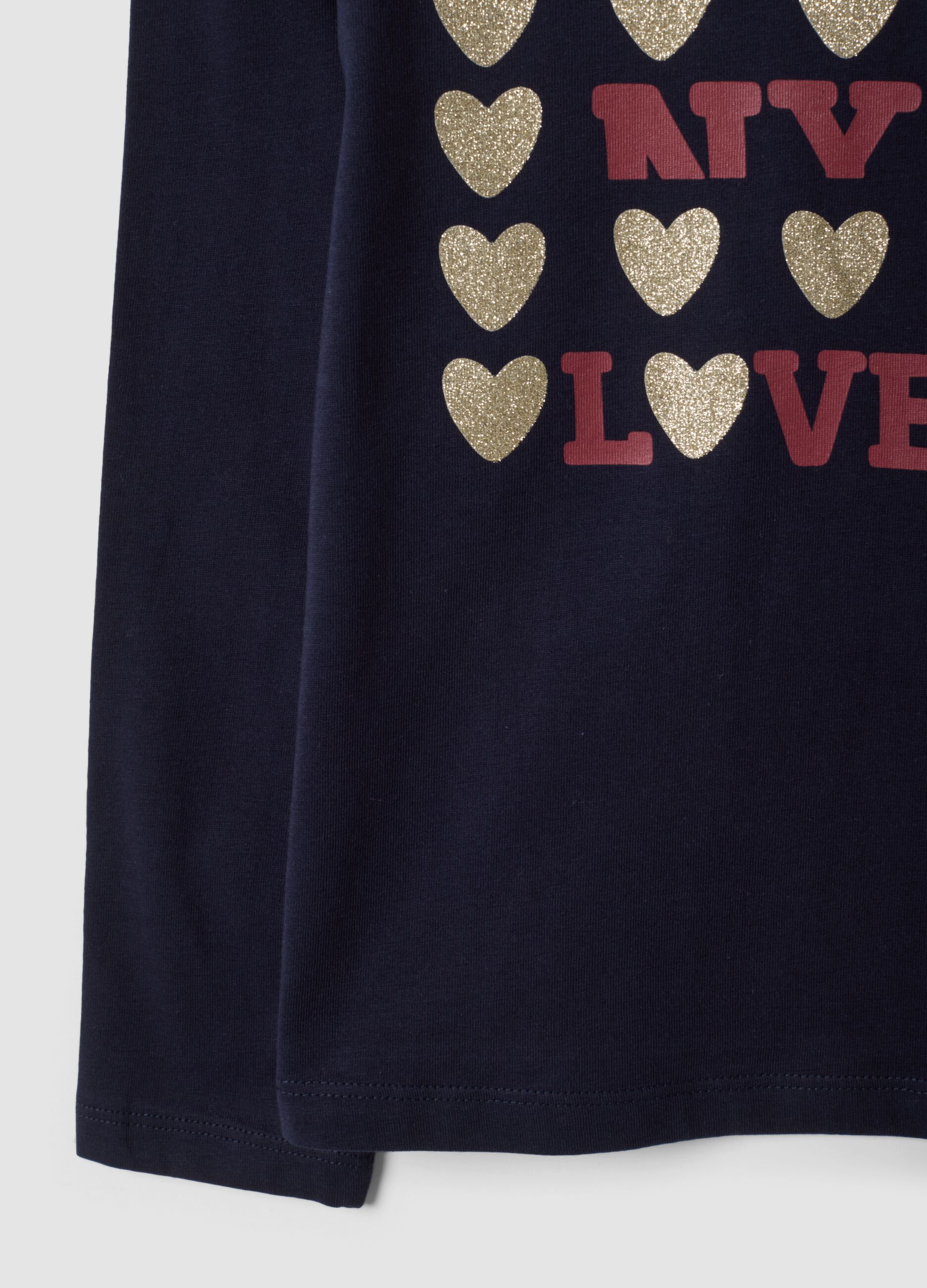 Blue pure organic cotton T-shirt with glitter heart print for girls