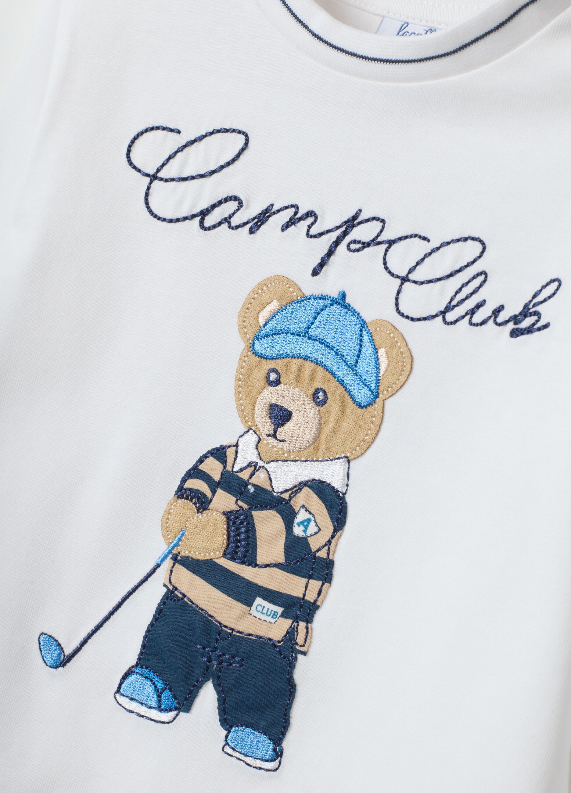 White organic cotton T-shirt with embroidered teddy bear, regular fit
