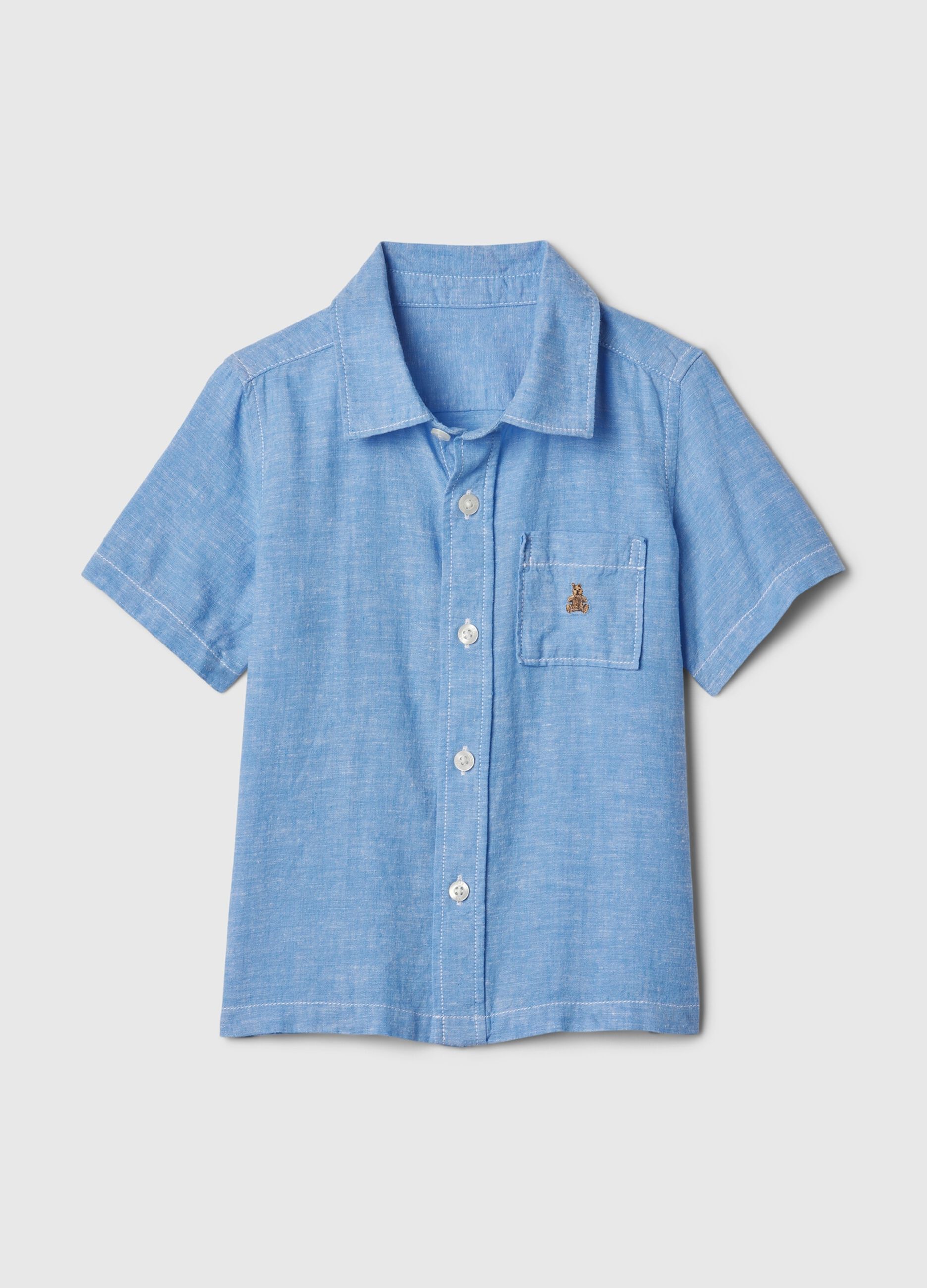 Shirt in linen and viscose with pocket and embroidery