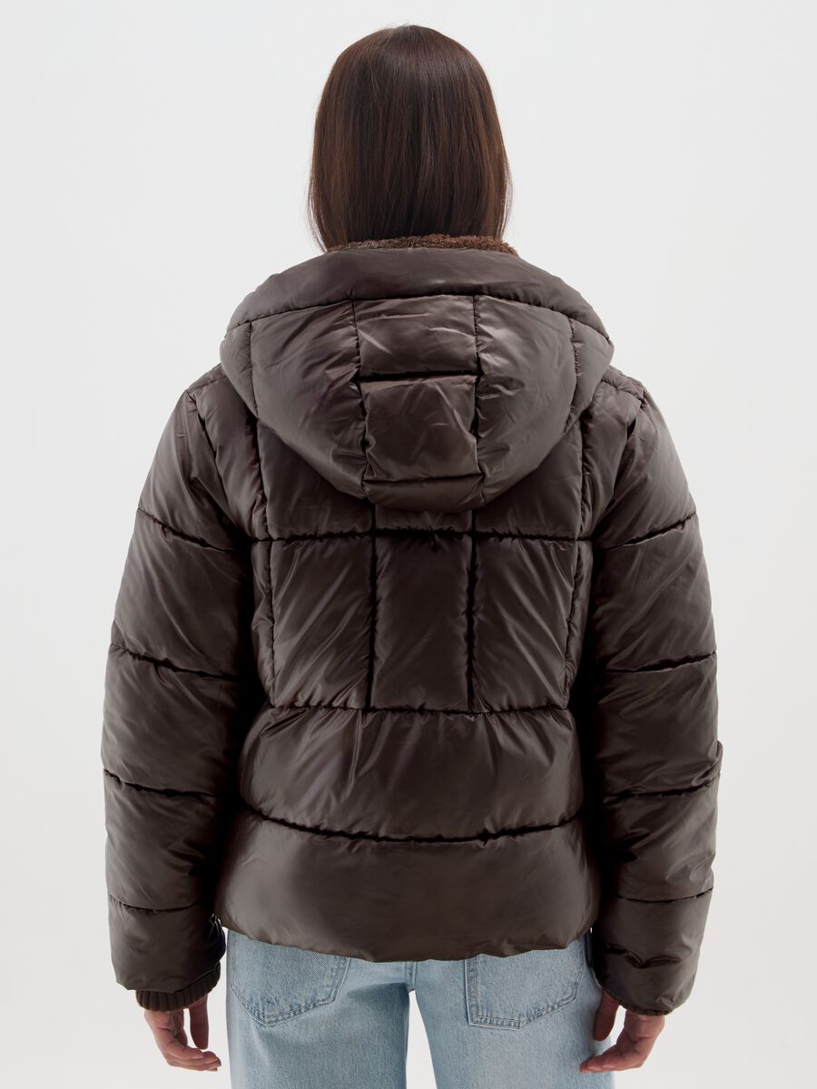 Brown The Iconic Puffer with Hood and Sherpa Details_2