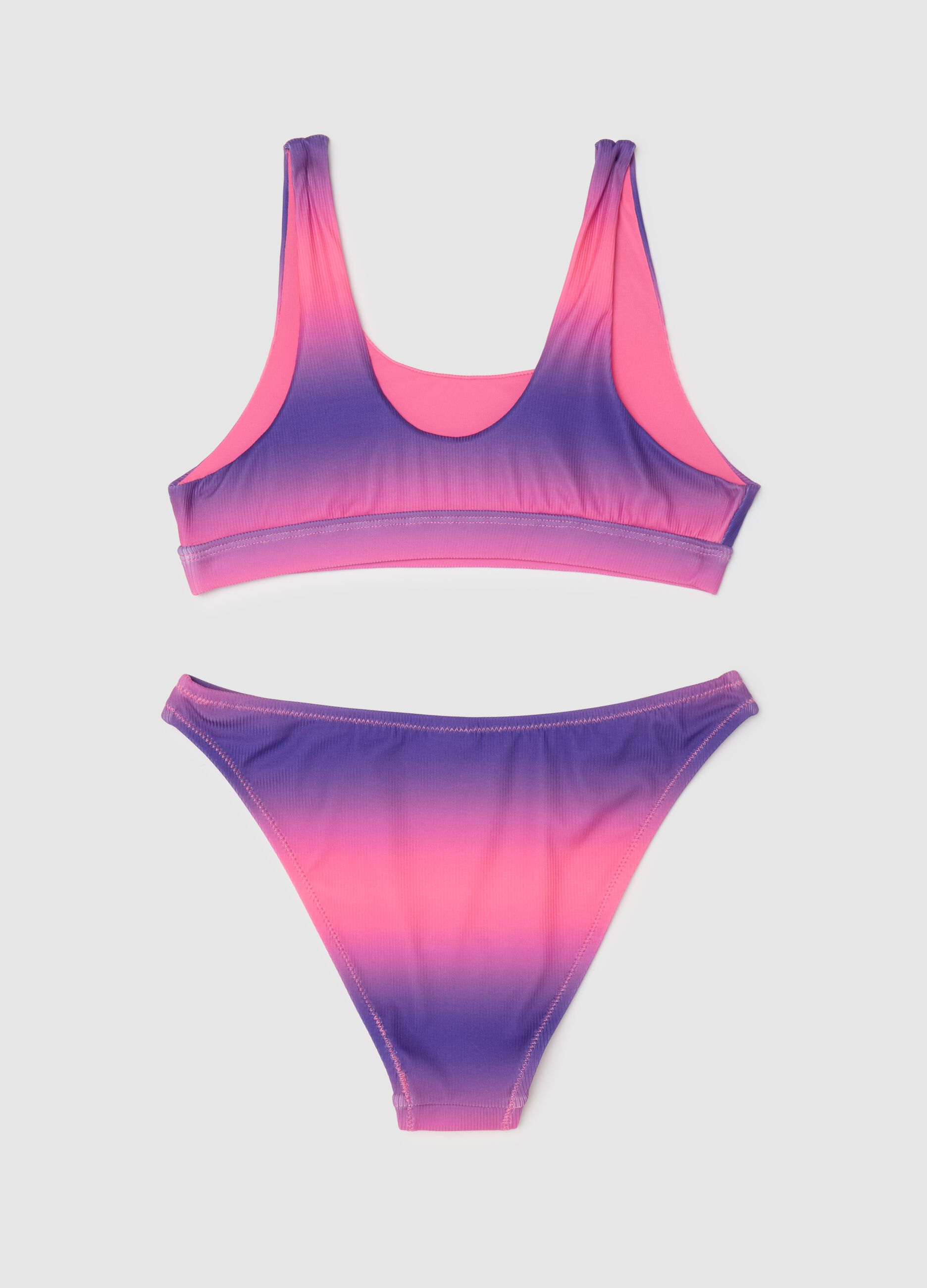 Girls' bikini in multicolour stretch fabric with dual-tone pink and purple and high-waisted bottoms