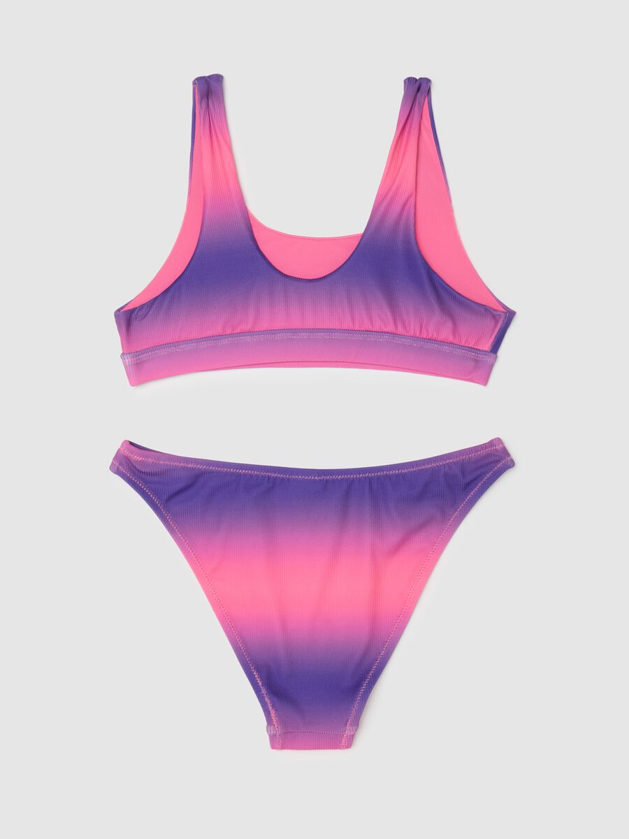 Bikini da ragazze in tessuto elasticizzato multicolor a doppia tonalità rosa e viola con slip a vita alta_1