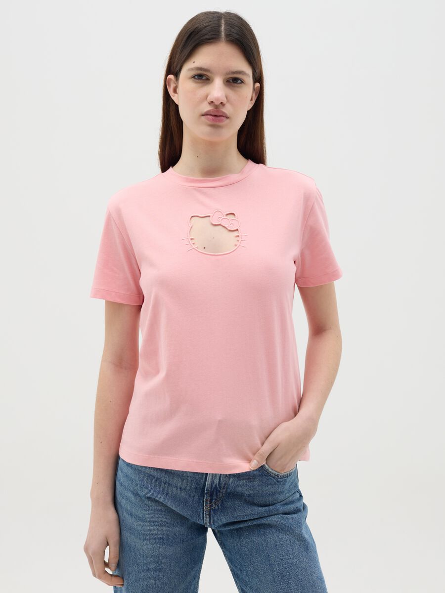 Pink T-shirt in cotton with Hello Kitty embroidery_0