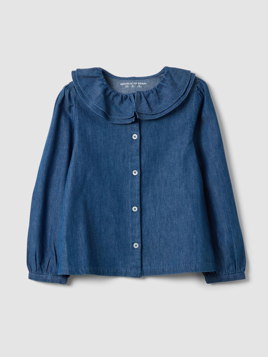 Camicia blu in puro cotone organico con colletto ampio_0