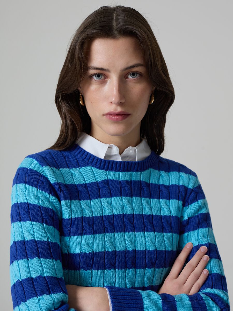 Striped pullover with cable-knit design_0