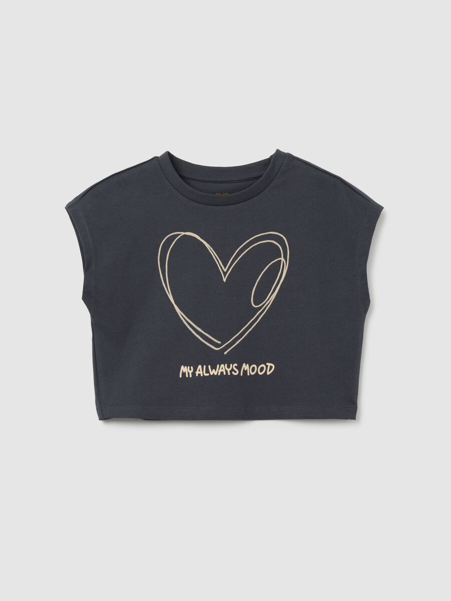 T-shirt da ragazza in puro cotone nero fitted con stampa cuore_0