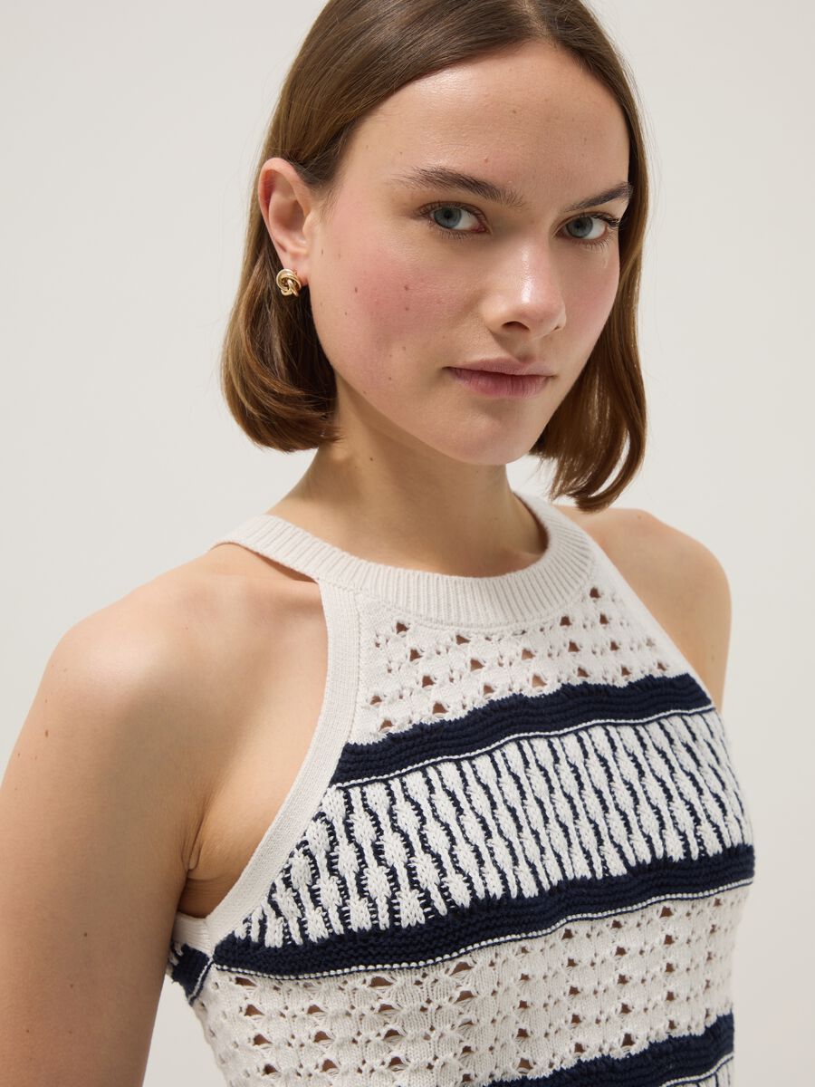 Fitted vest in pure cotton with multicolour stripes and mesh texture_0