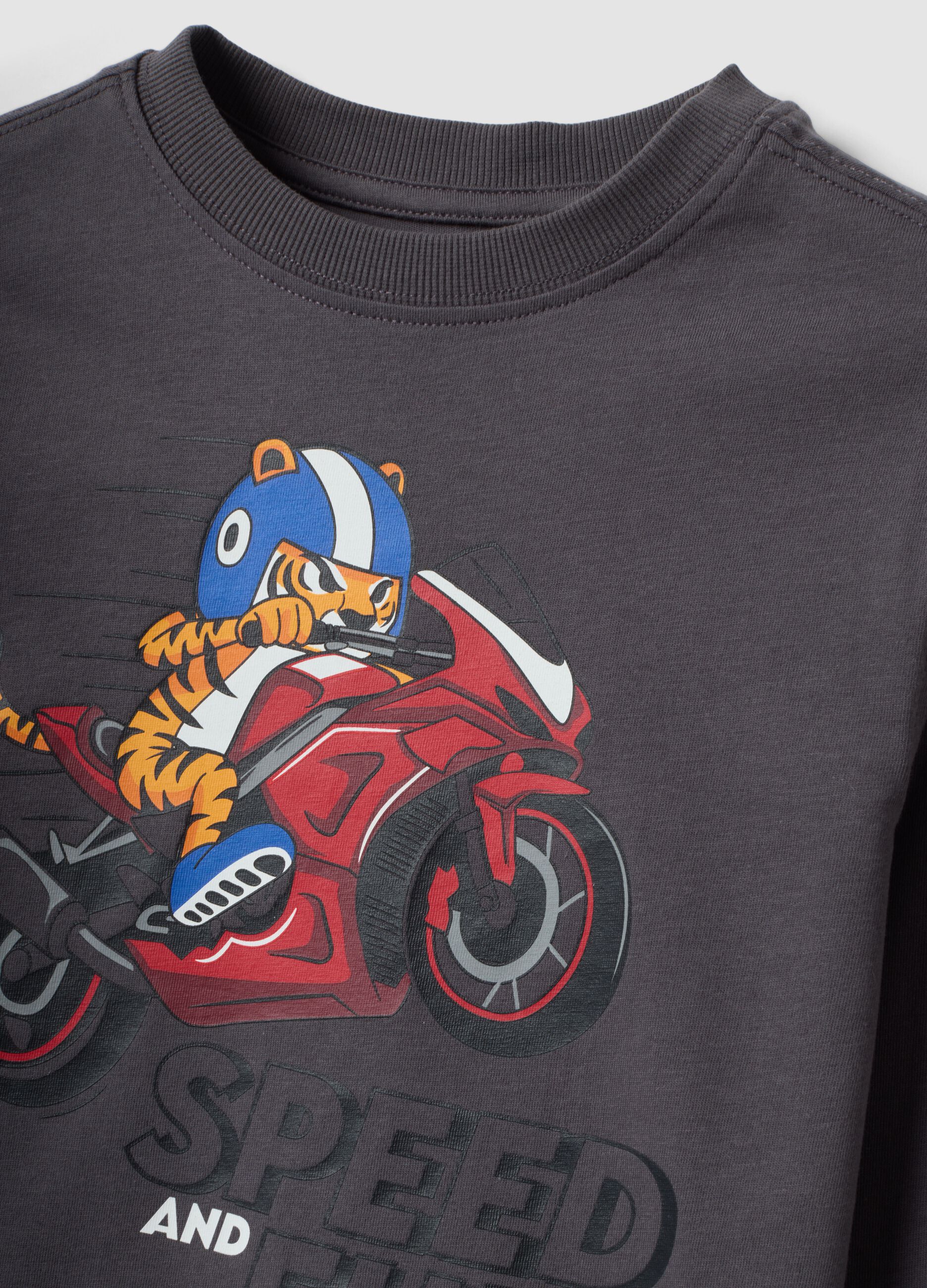 T-shirt grigia in puro cotone con stampa tigre over fit per bambino
