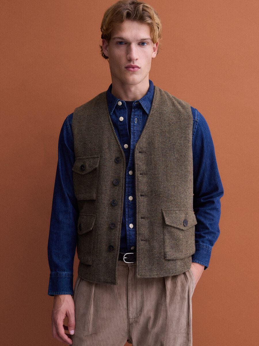Brown herringbone wool and viscose blend waistcoat_0