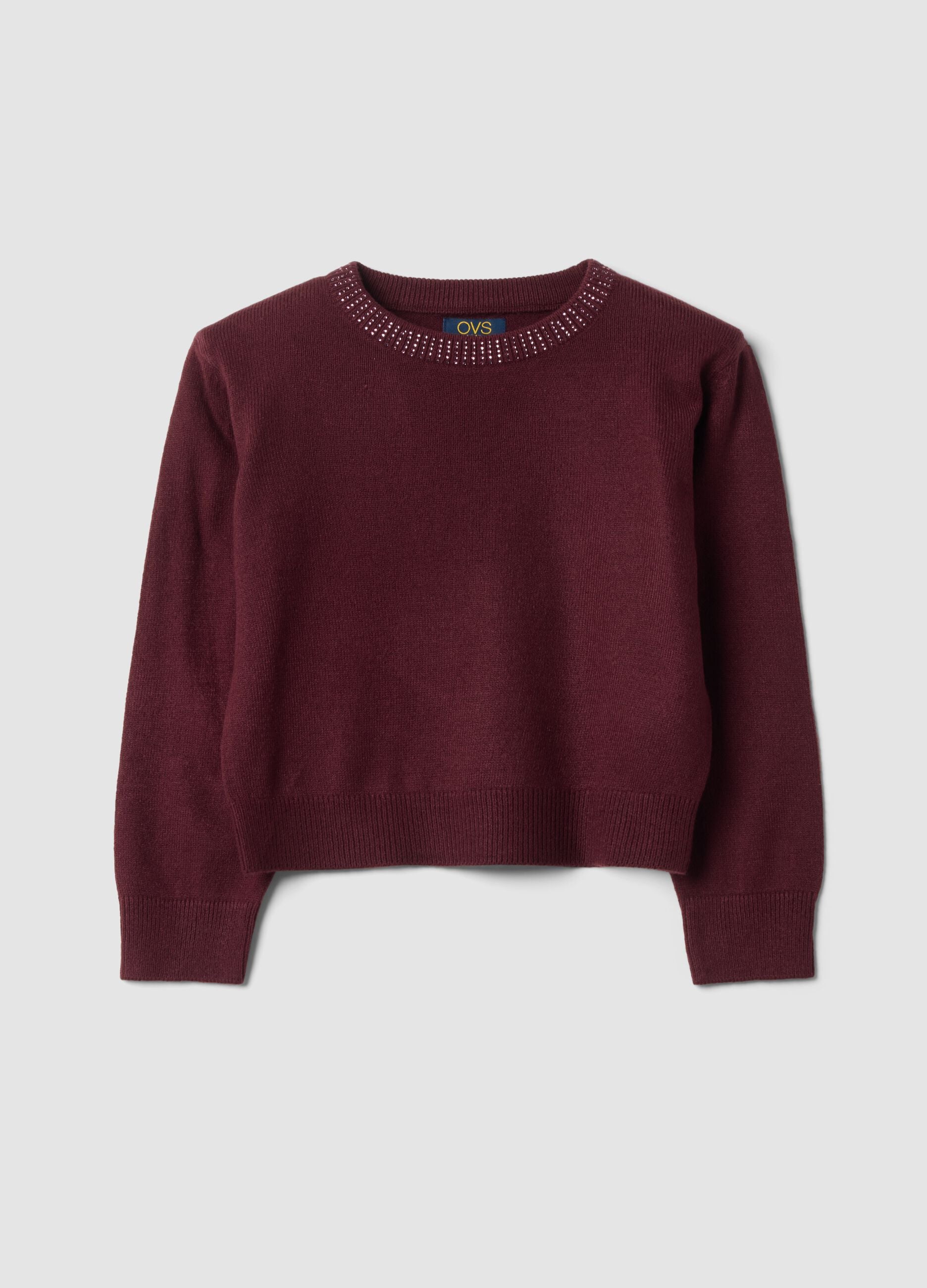 Purple crew-neck jumper with rhinestone details, regular fit