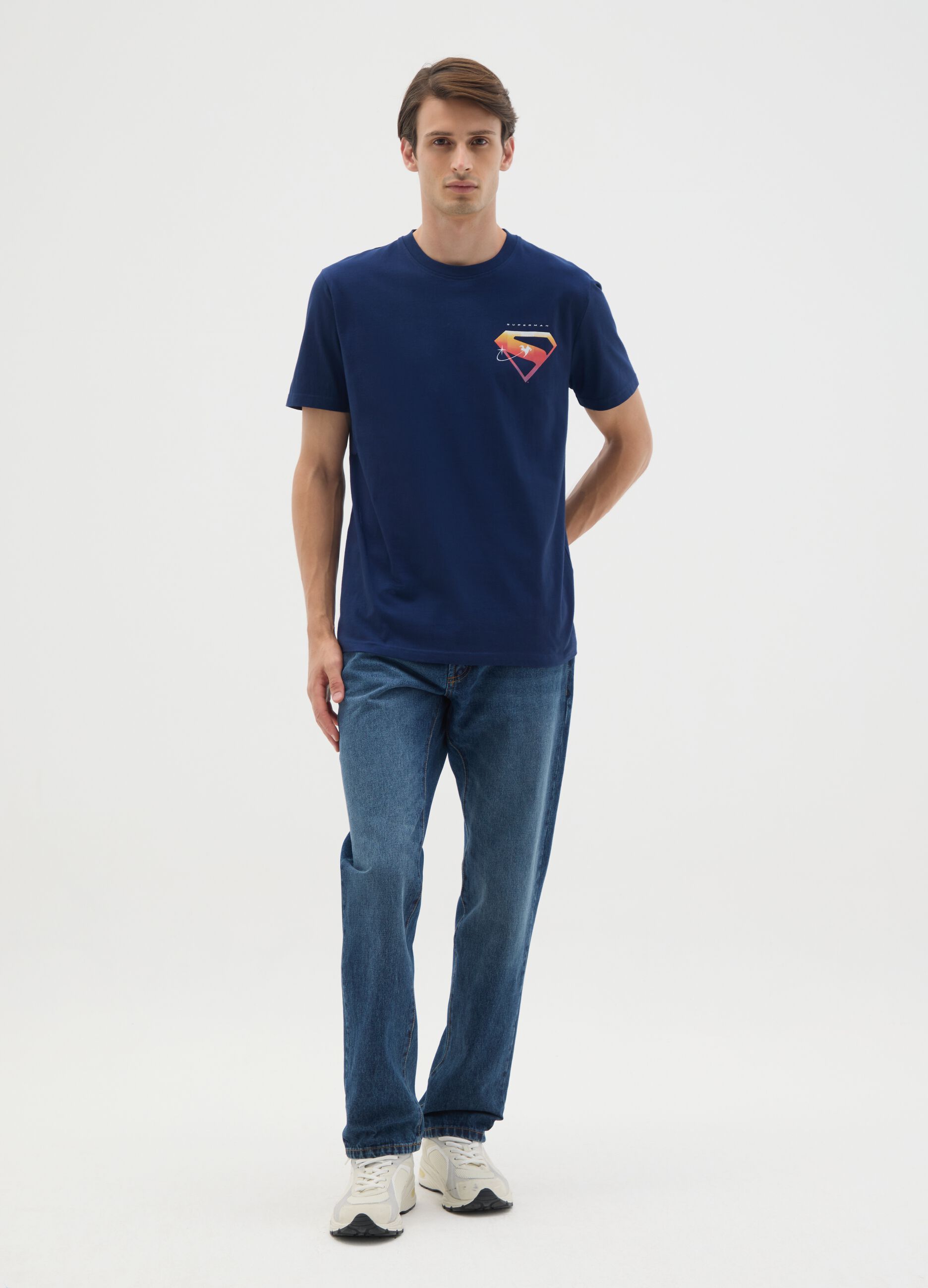T-shirt da uomo in puro cotone blu con stampa Superman