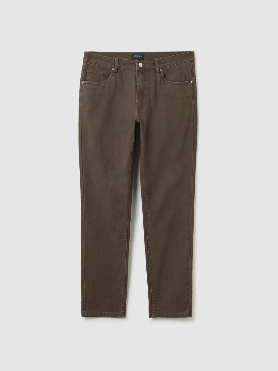Brown slim fit stretch cotton trousers_0