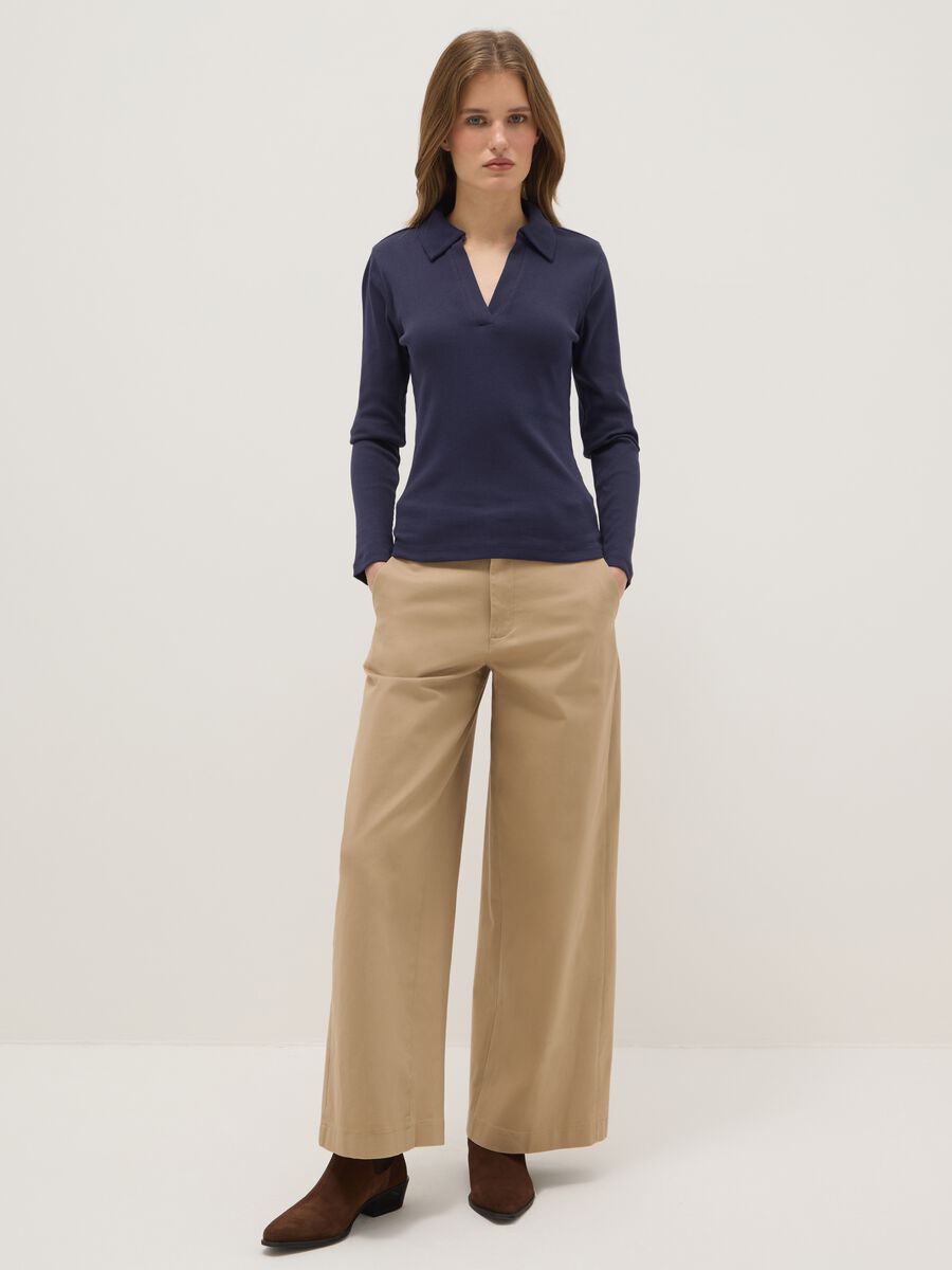 Blue long sleeve polo with V-neck in pure cotton regular fit_1