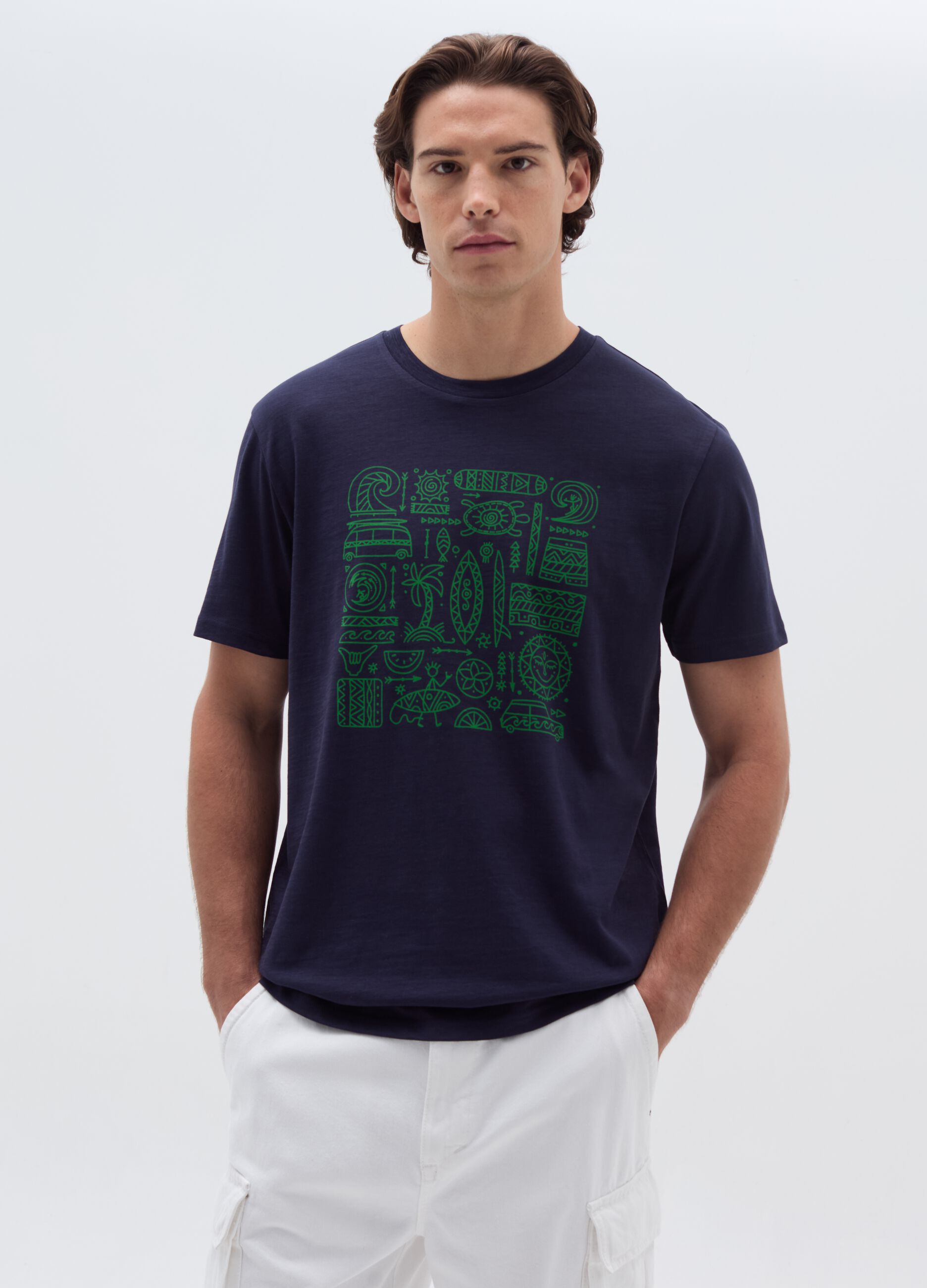 Cotton T-shirt with surf motif print