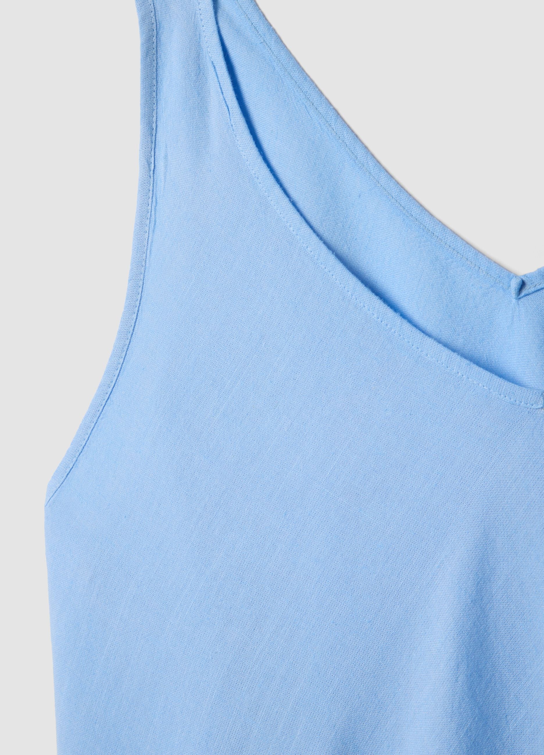 Light blue linen-viscose blend midi dress with V-neck, regular fit