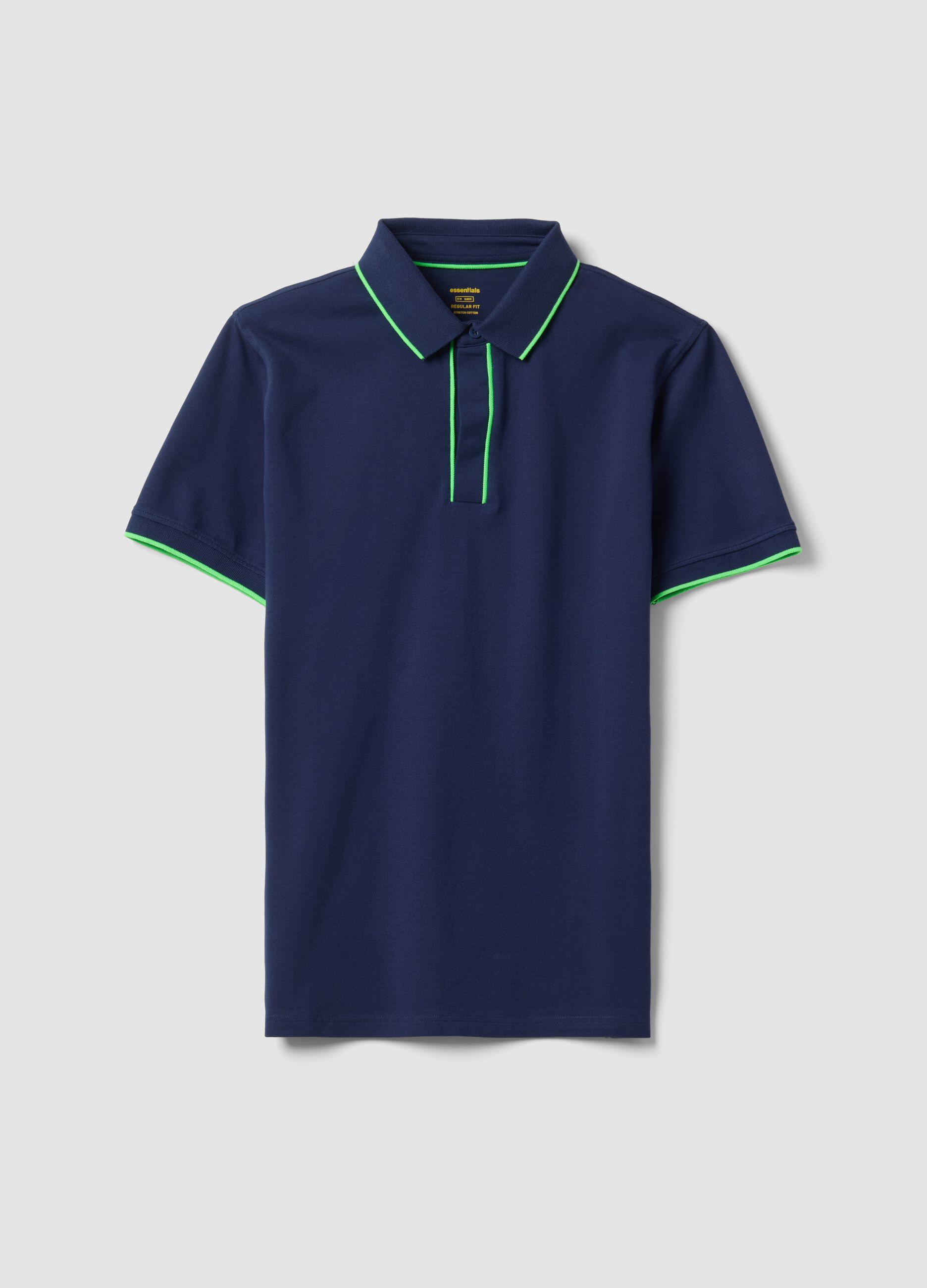 Blue short-sleeved polo in stretch cotton
