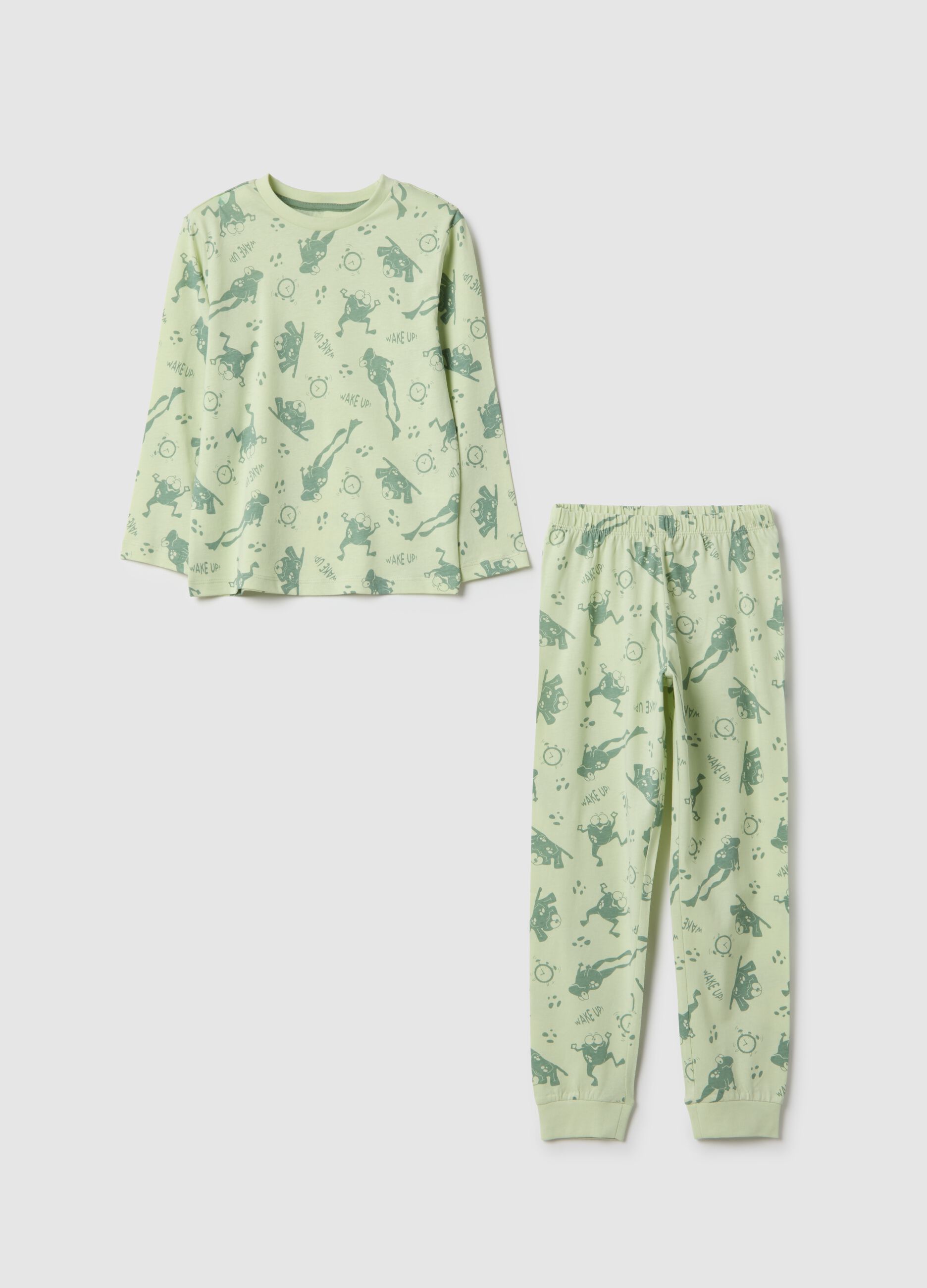 Children's regular fit green pure cotton pyjamas with prints