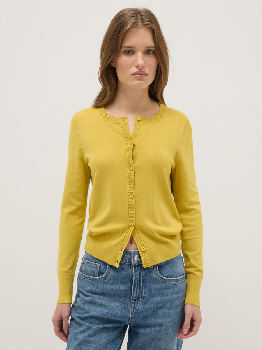 Yellow Crew Neck Regular Fit Cardigan_0