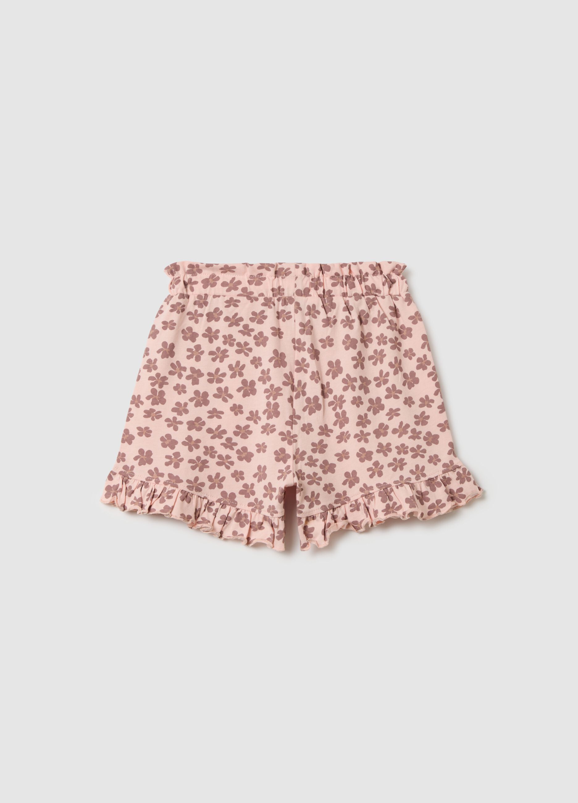 Girl's pure cotton pink regular fit shorts with ruffles