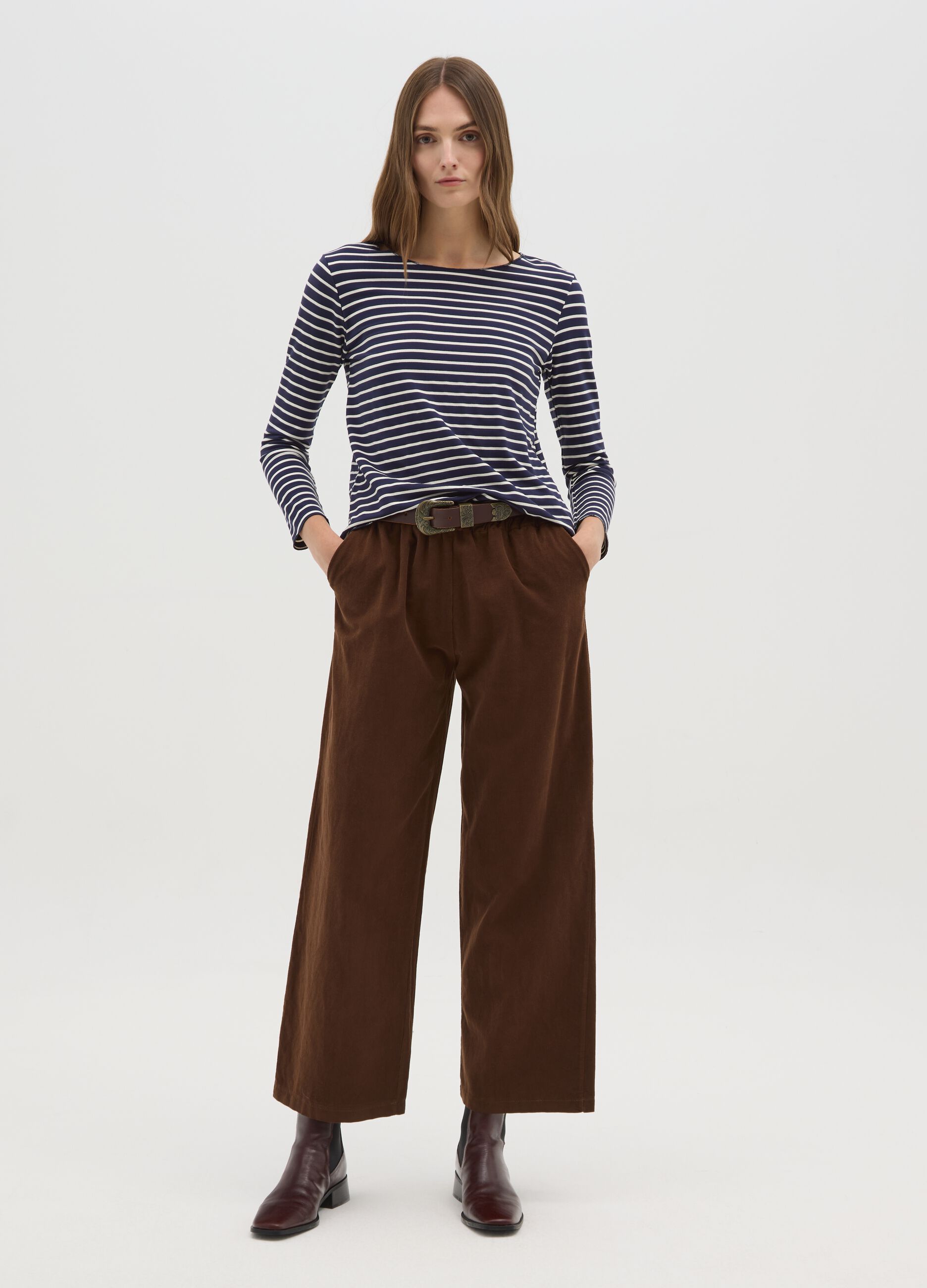 Brown trousers in pure cotton with elasticated waist