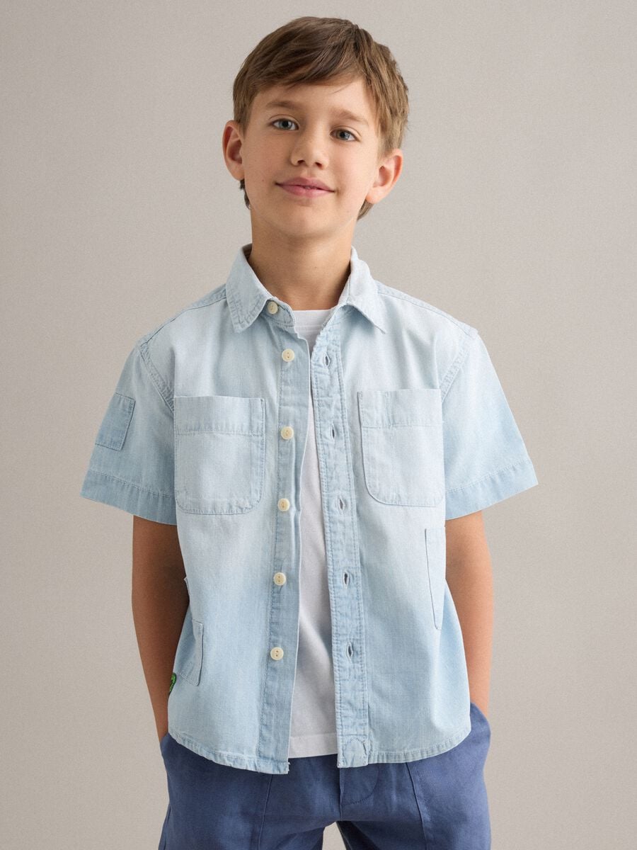 Light blue pure cotton short-sleeve shirt_0