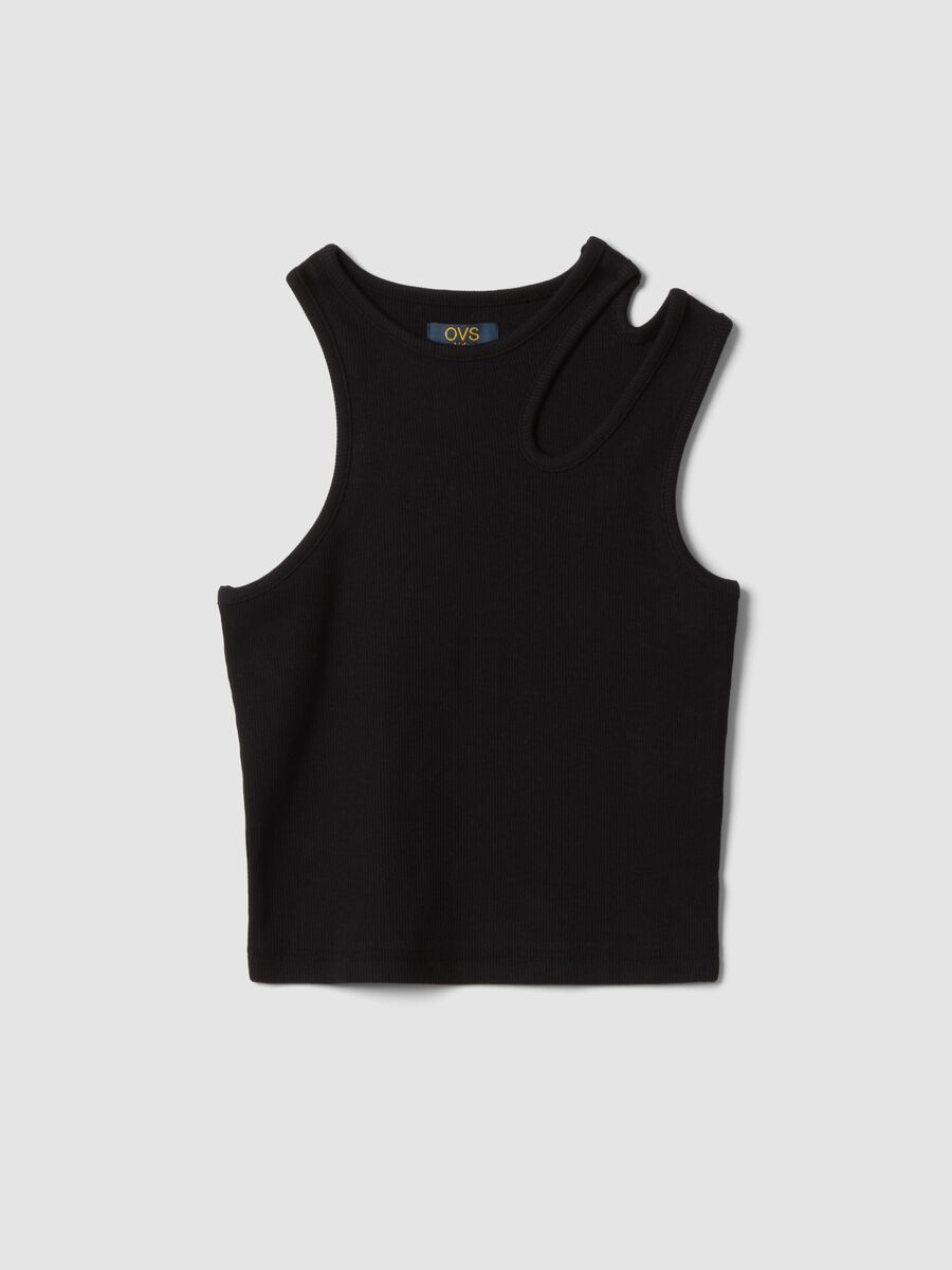 Tank top nero in cotone organico con spalla asimmetrica_3