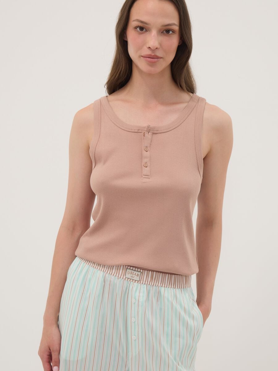 Canotta serafino beige in misto cotone e viscosa a costine_0