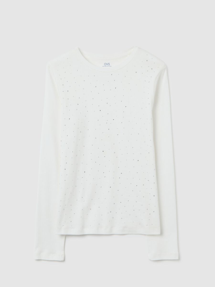 White long-sleeve regular fit pure cotton top with rhinestones_4