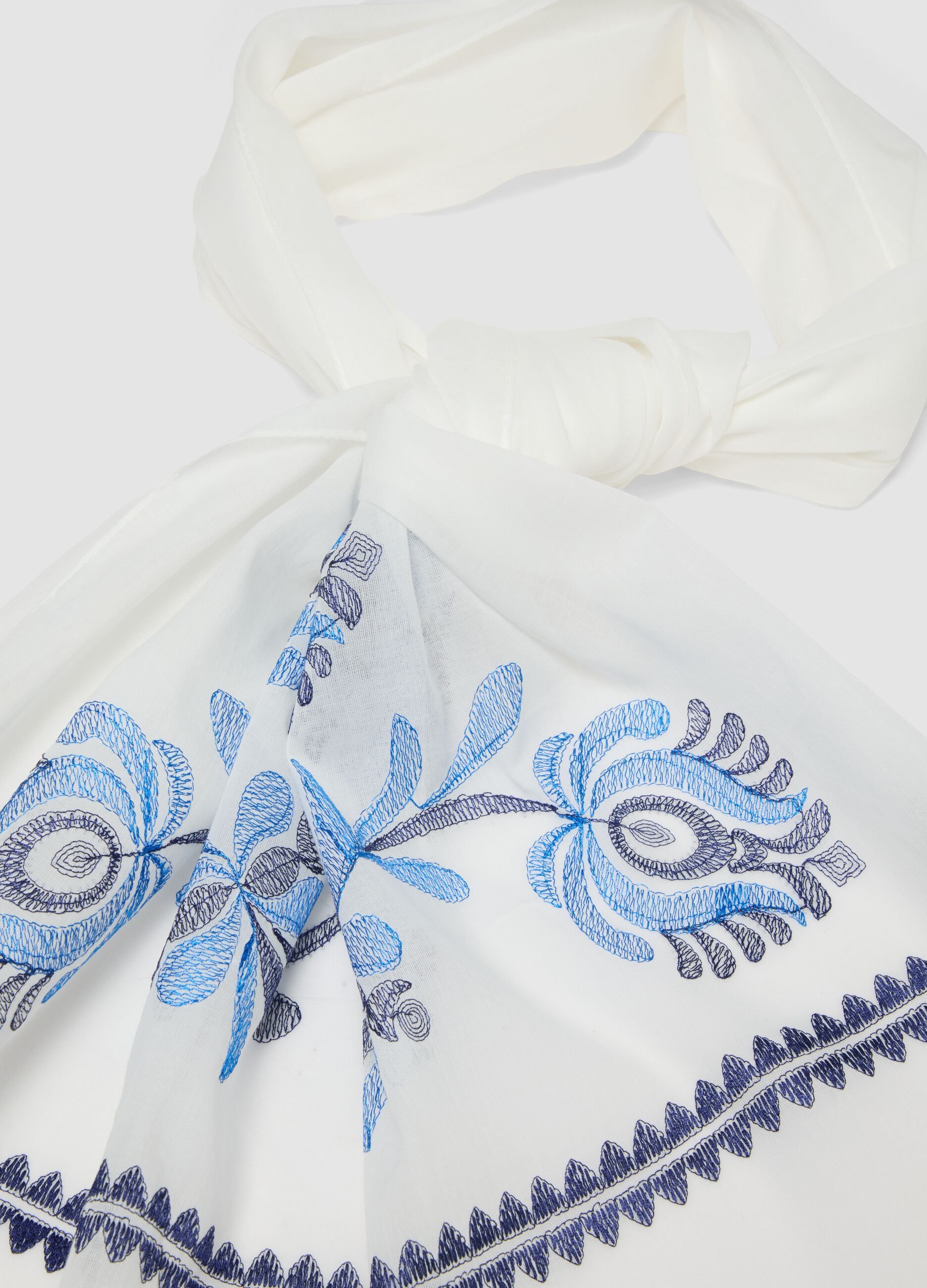 White pure cotton scarf with blue floral embroidery