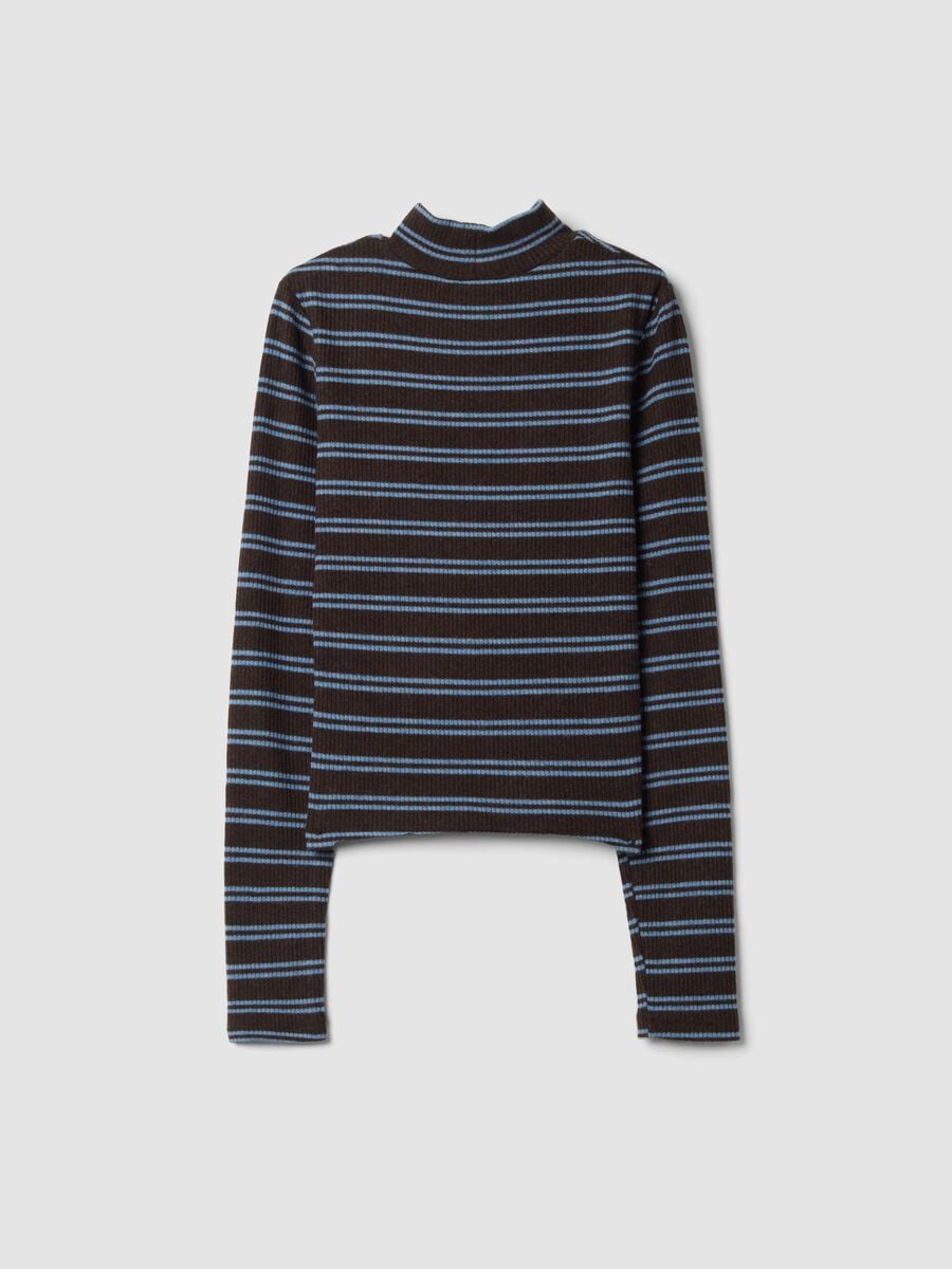 T-shirt marrone in tessuto elasticizzato a righe Collo rialzato_2
