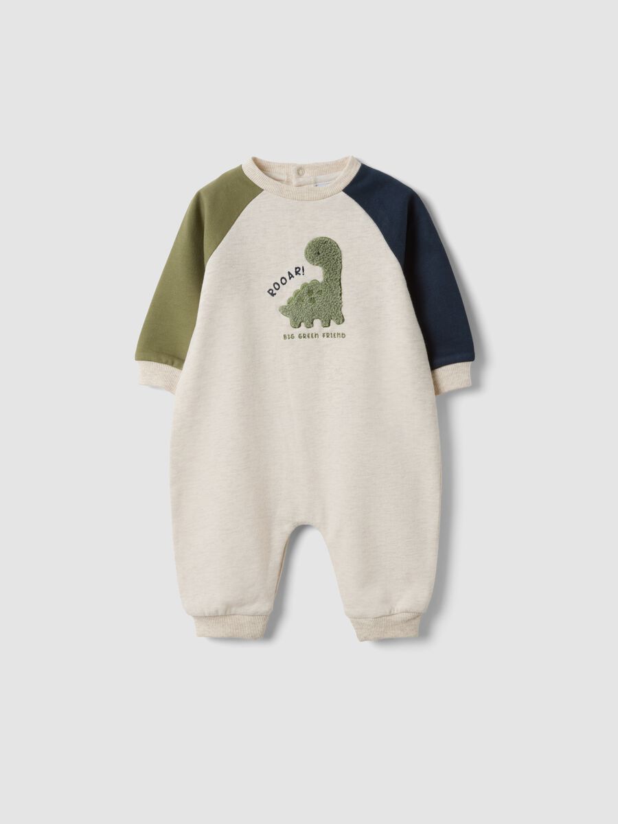 Tutina beige in puro cotone organico con stampa dinosauro per neonato_0