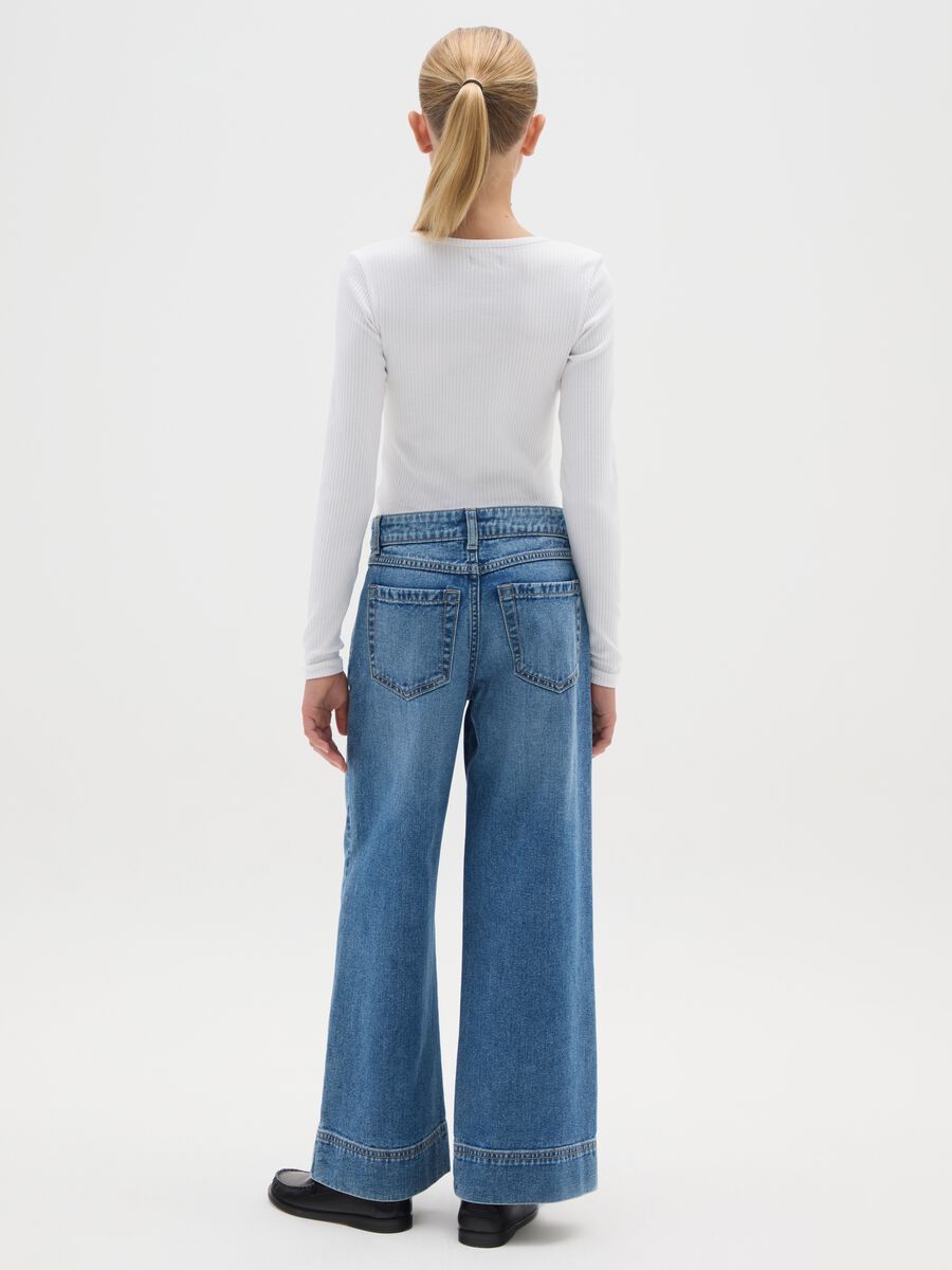 Jeans da ragazza in puro cotone blu a gamba larga_2
