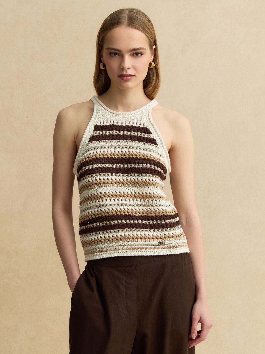 Top fitted a righe multicolor in misto cotone lavorato a maglia_1