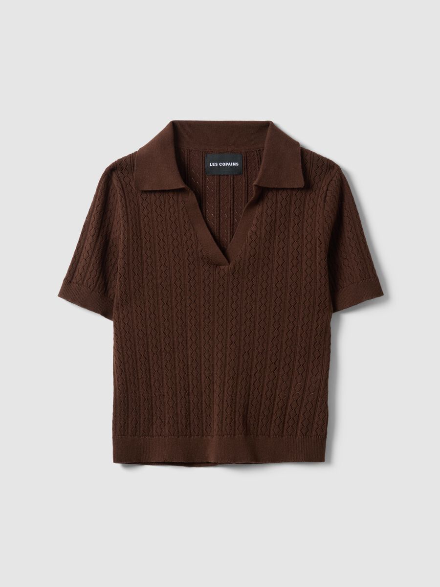 Brown cotton blend regular fit sweater with polo collar_4
