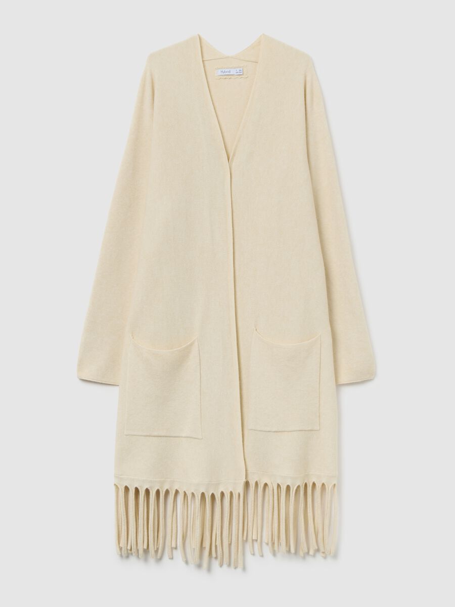 Cardigan lungo beige chiaro con frange sul fondo_4