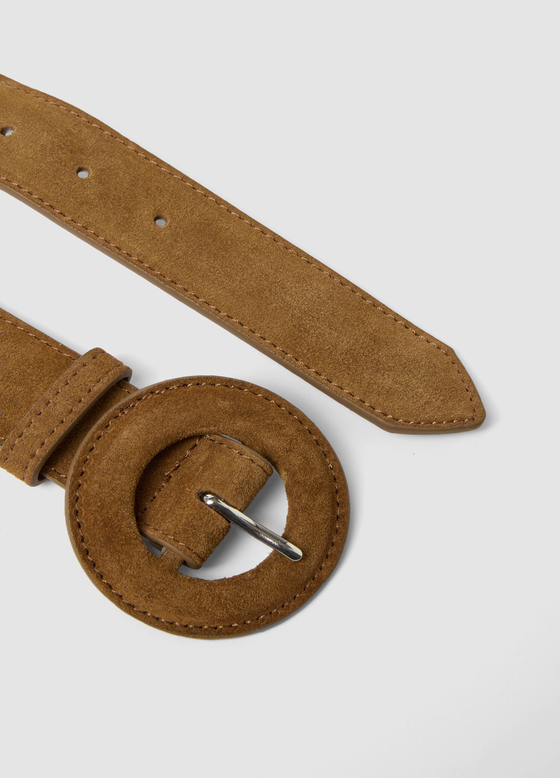 Brown genuine leather belt with round buckle
