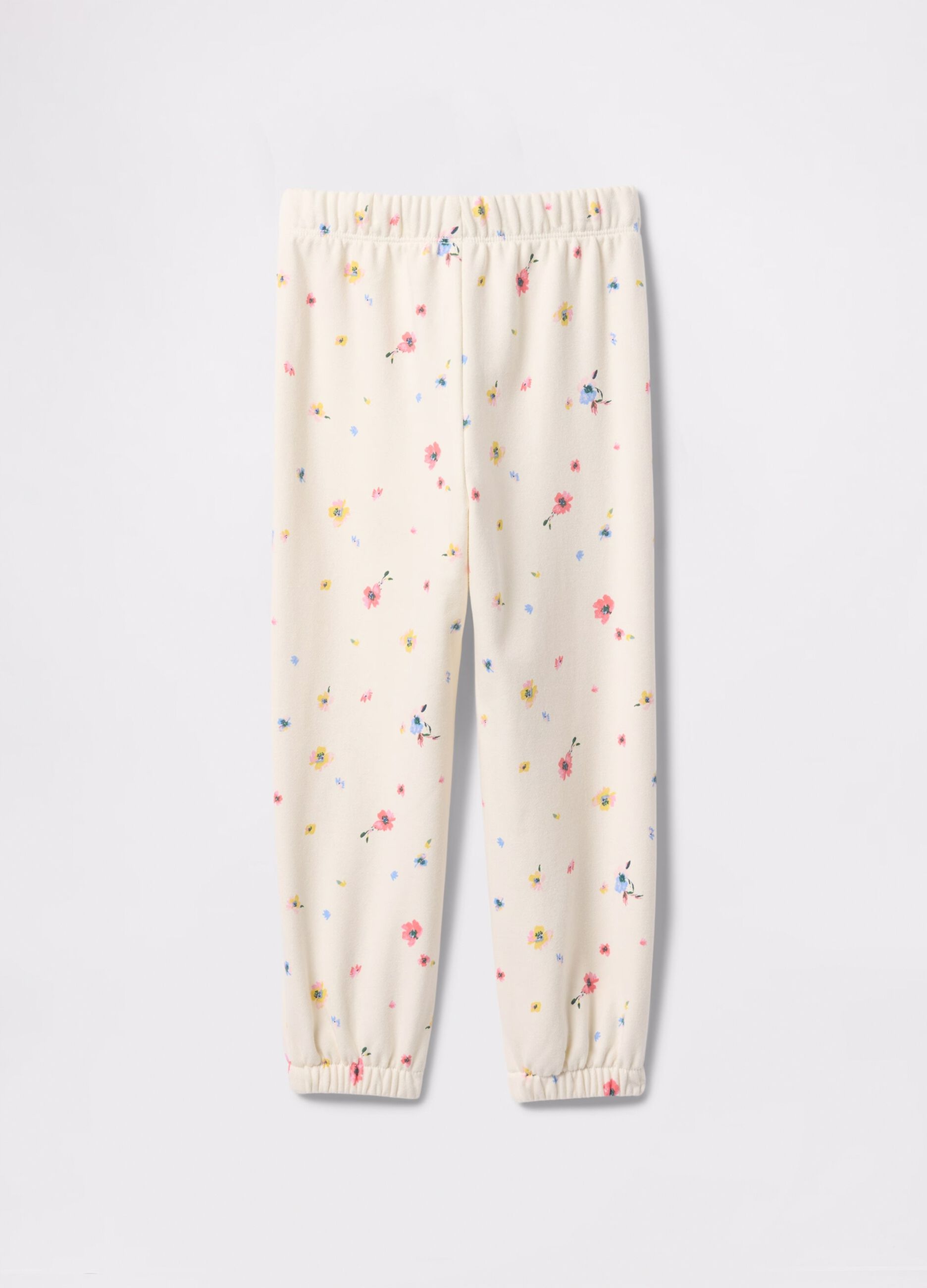 White joggers with drawstring, logo embroidery and flowers print