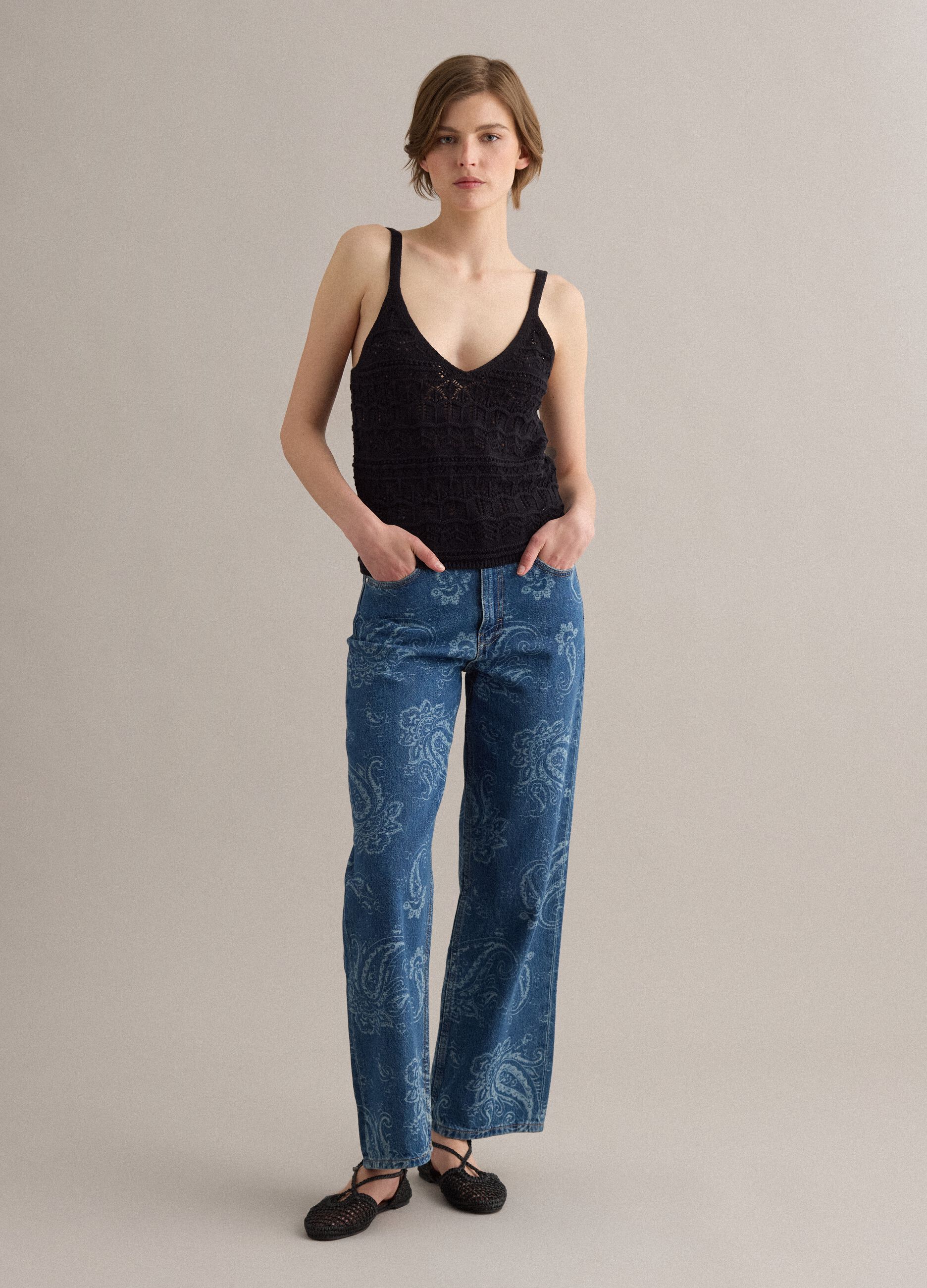 Black pure cotton regular-fit vest top with open-knit texture