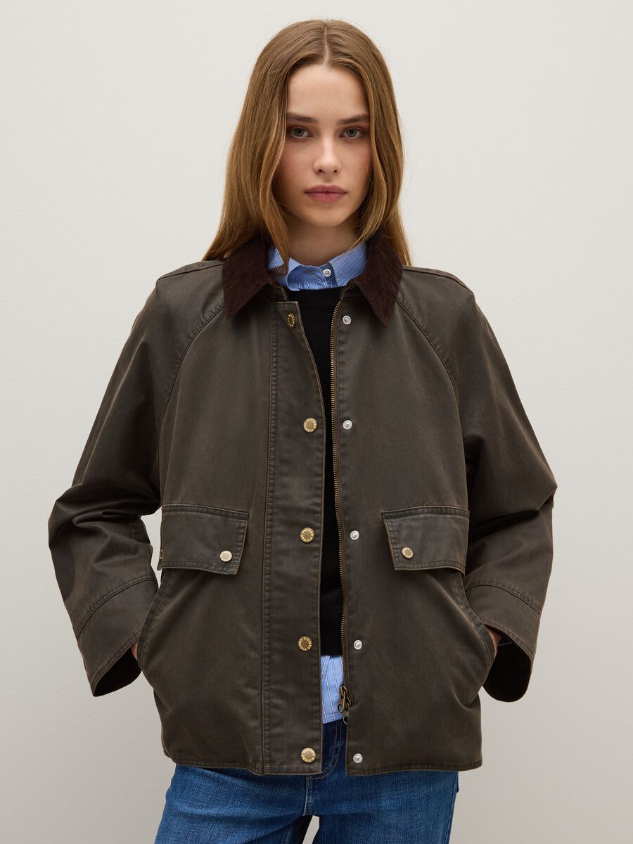 Giacca in misto cotone verde scuro con bottoni e zip_1