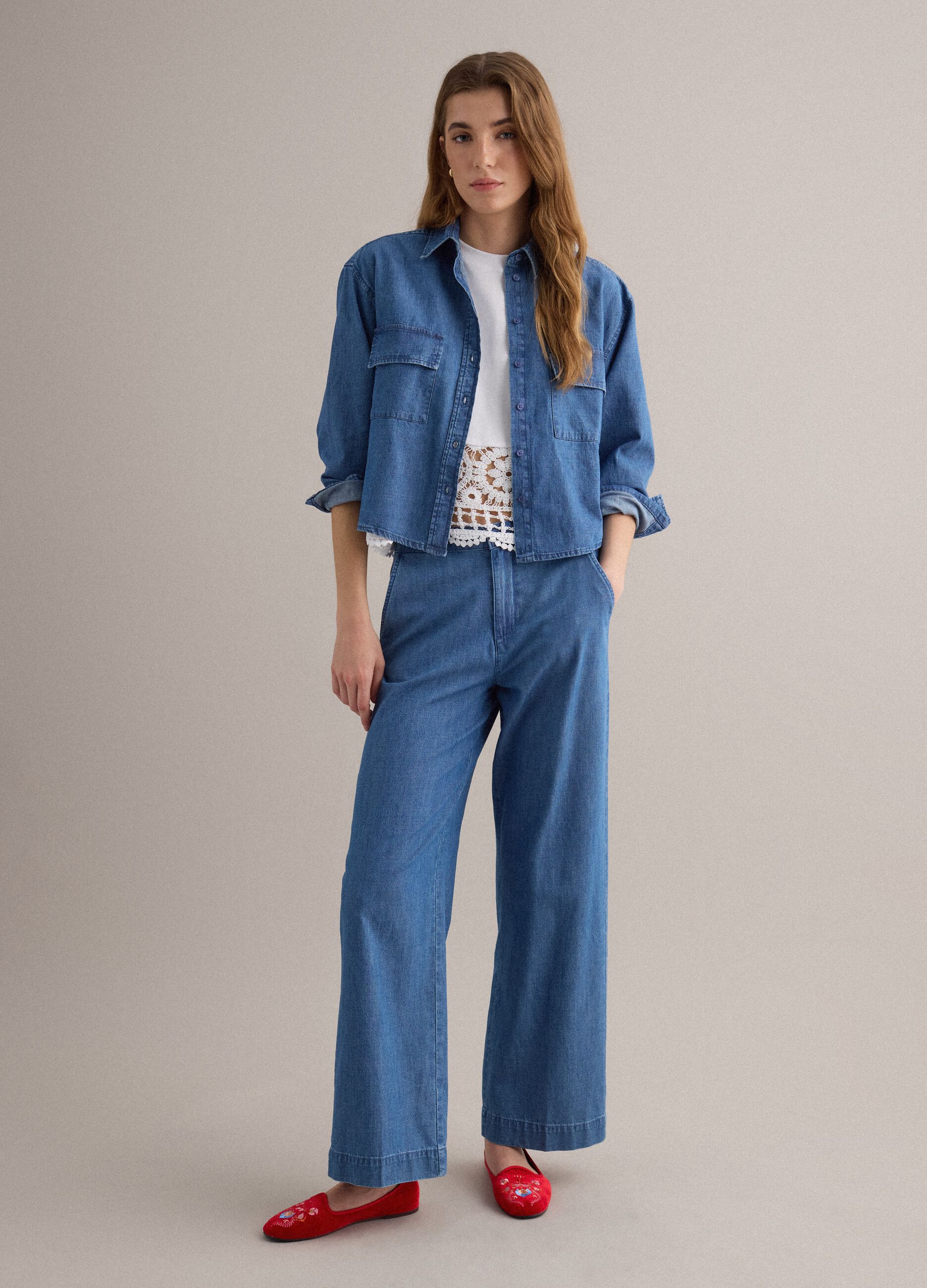 Wide-leg blue cotton trousers