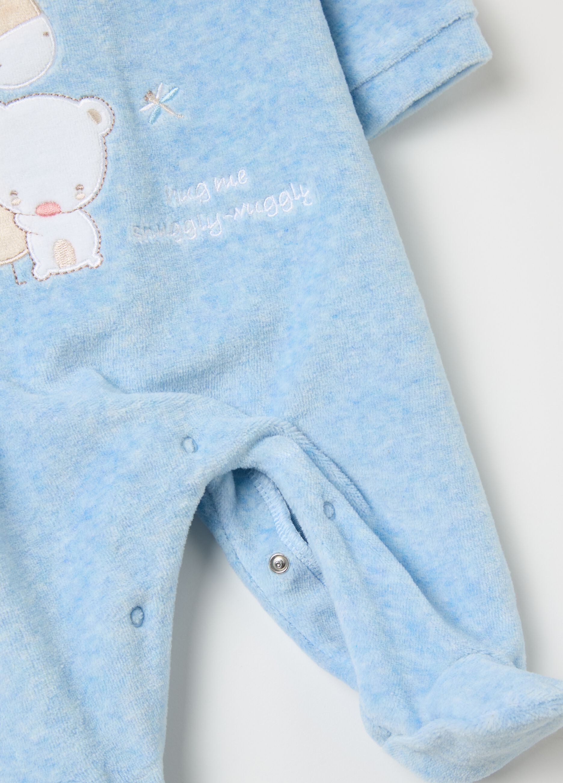 Velour onesie with feet and animals embroidery